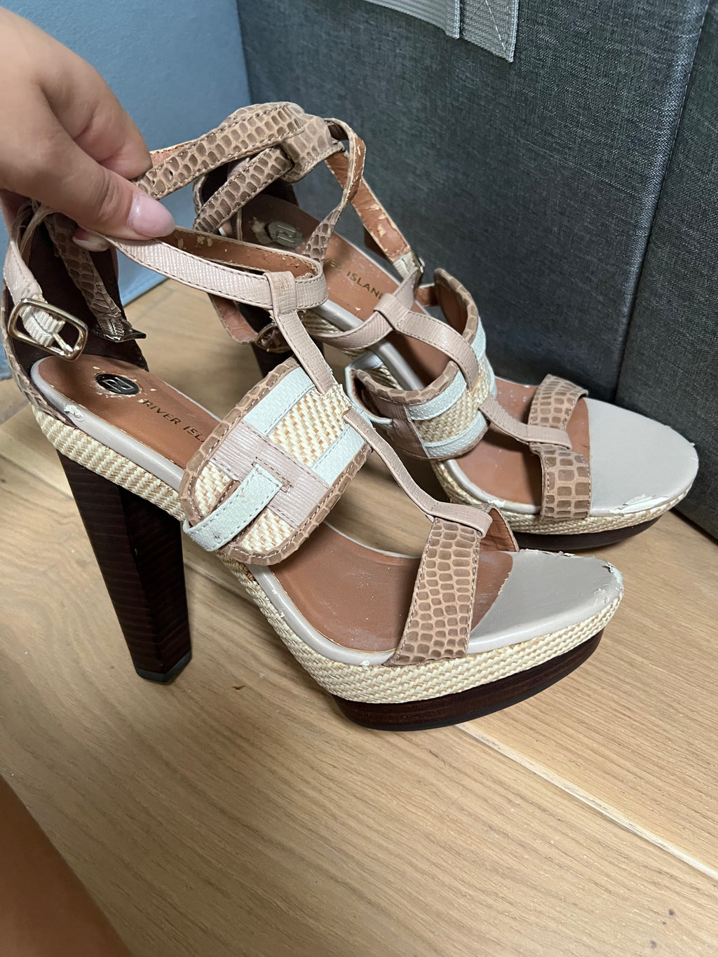Beige, snakeskin, woven, wooden heelS