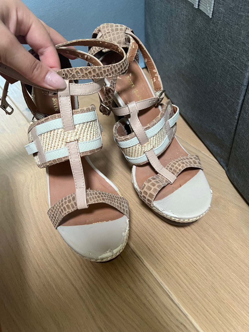 Beige, snakeskin, woven, wooden heelS
