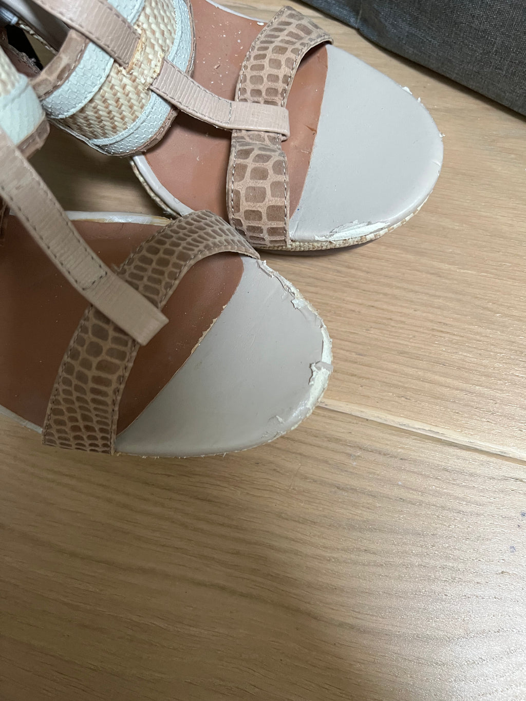 Beige, snakeskin, woven, wooden heelS