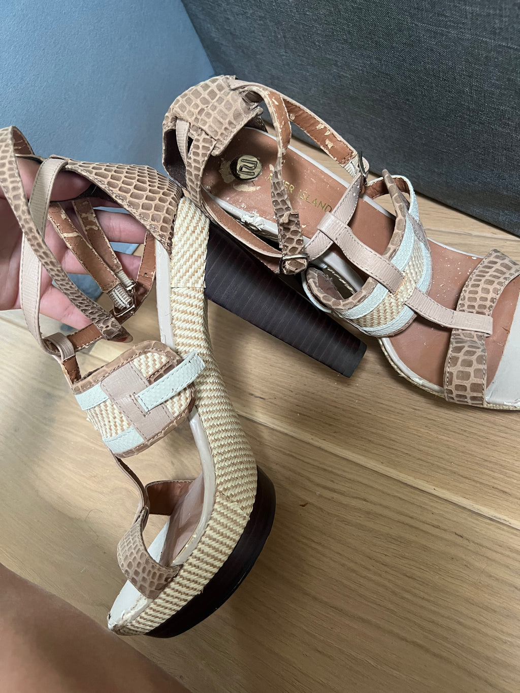 Beige, snakeskin, woven, wooden heelS