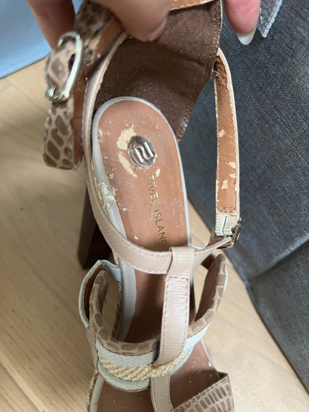 Beige, snakeskin, woven, wooden heelS