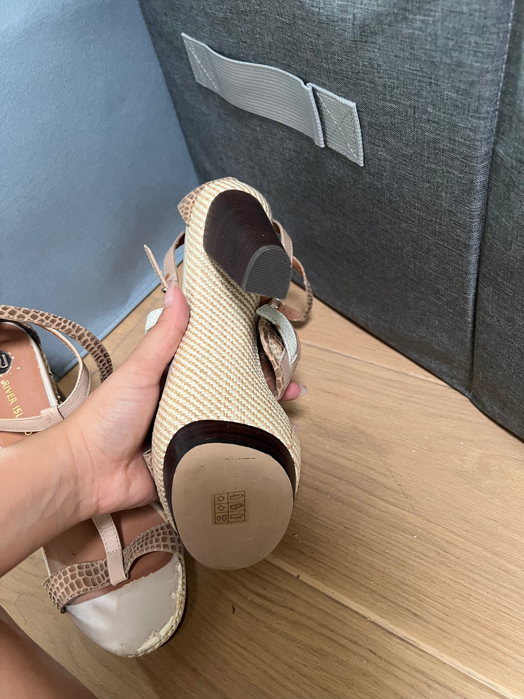 Beige, snakeskin, woven, wooden heelS