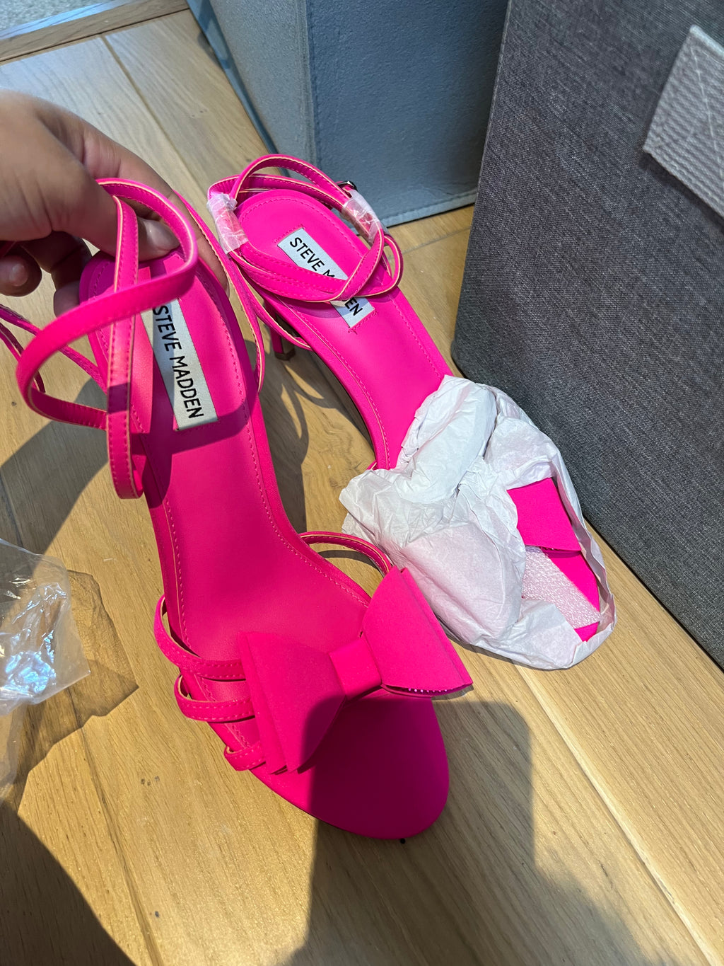 Pink Steve Madden open toe heels, diamante bow