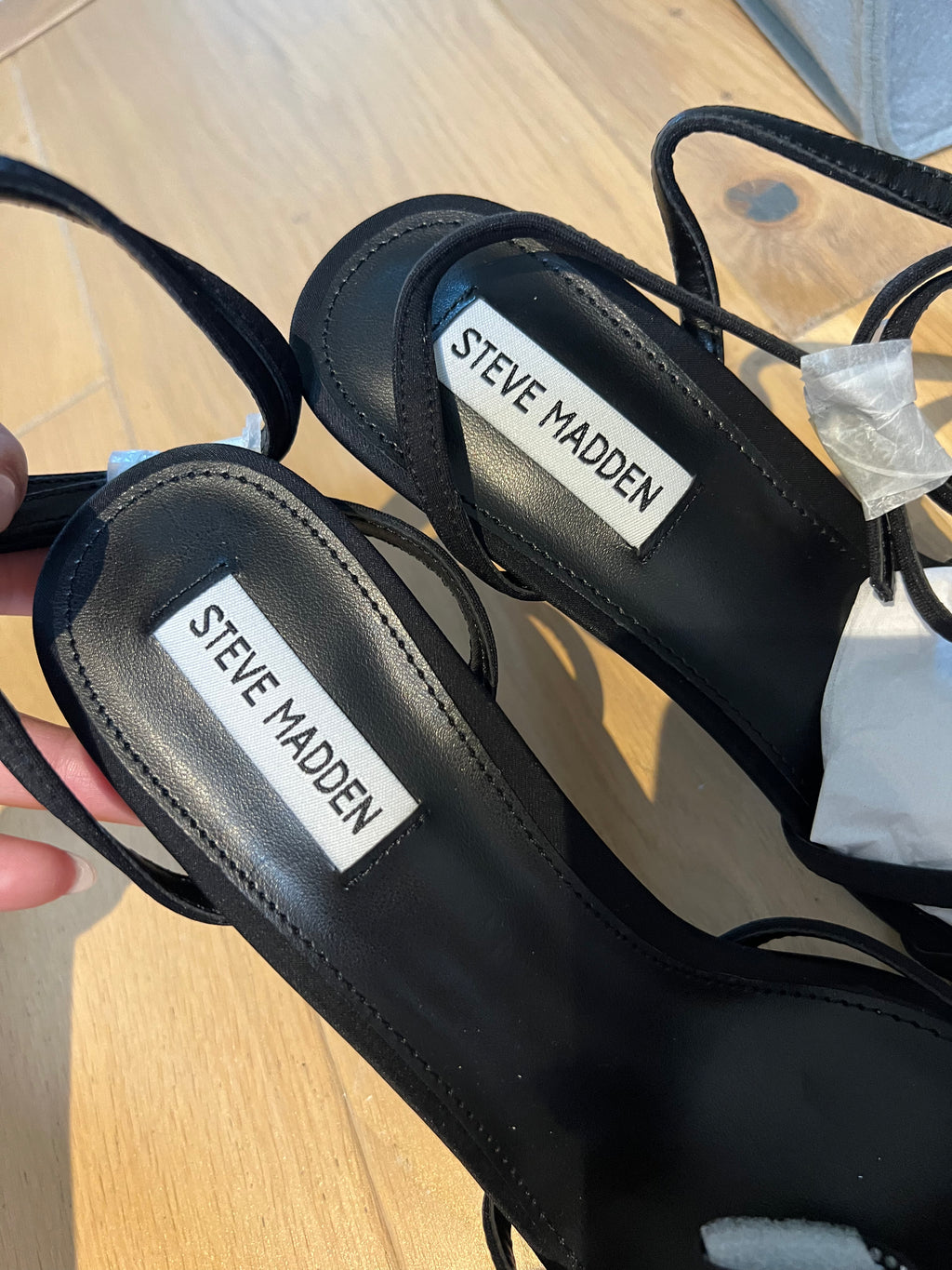 Black Steve Madden open toe heels, diamante bow