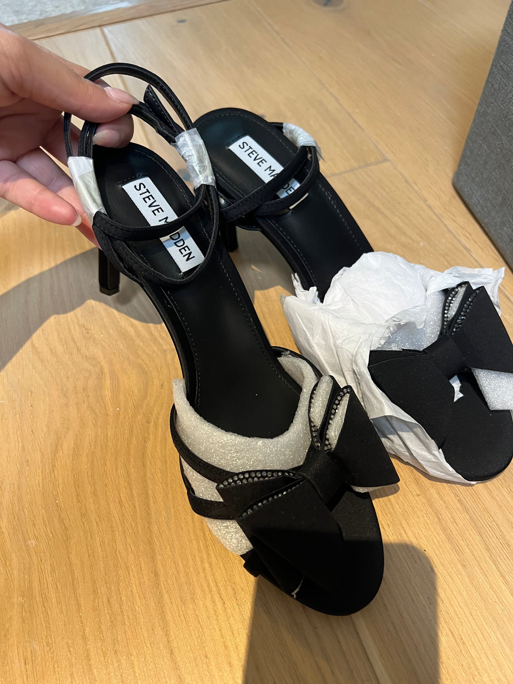 Black Steve Madden open toe heels, diamante bow