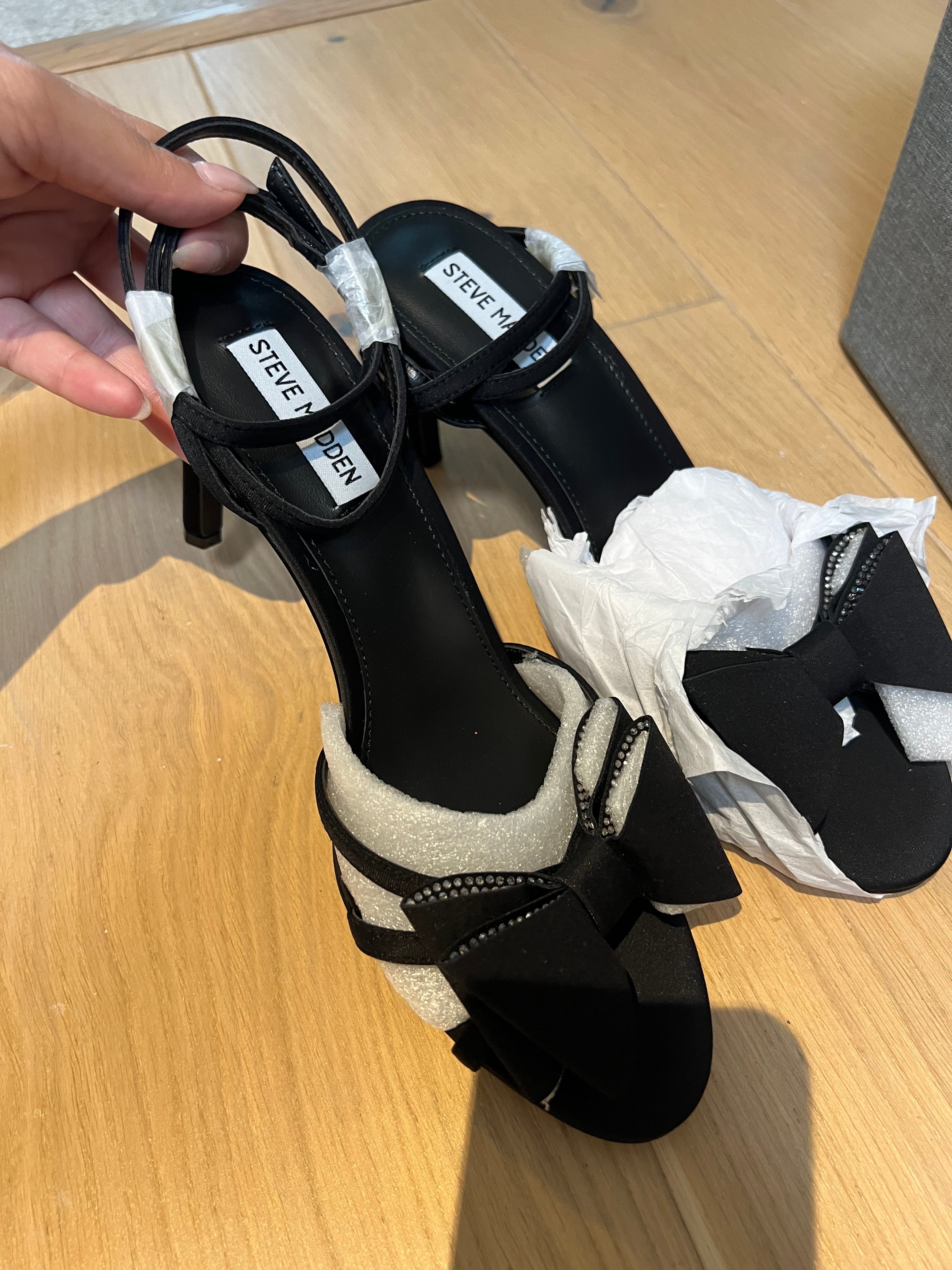 Black Steve Madden open toe heels, diamante bow
