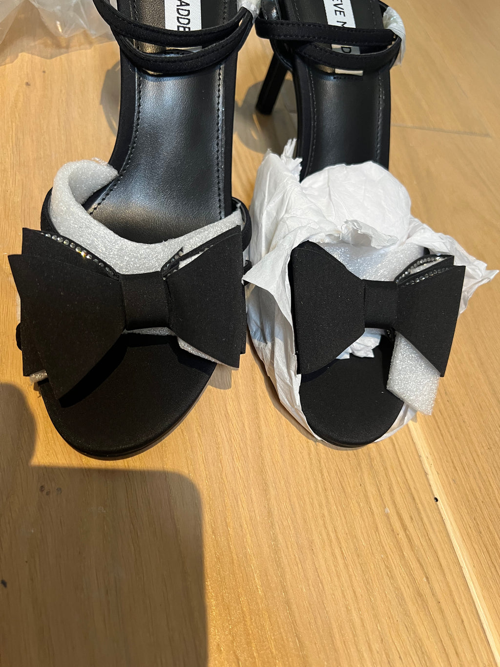 Black Steve Madden open toe heels, diamante bow