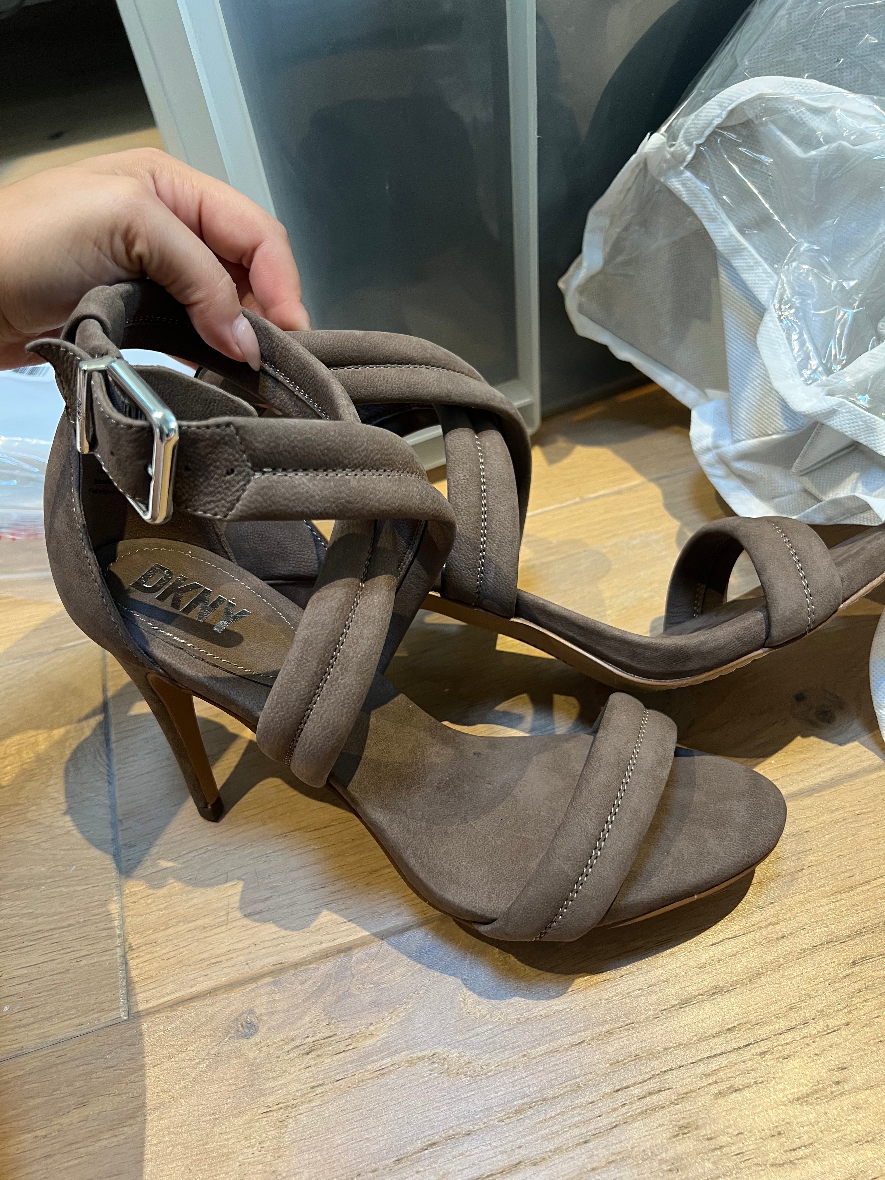 Brown DKNY Heels, buckle strap, leather upper