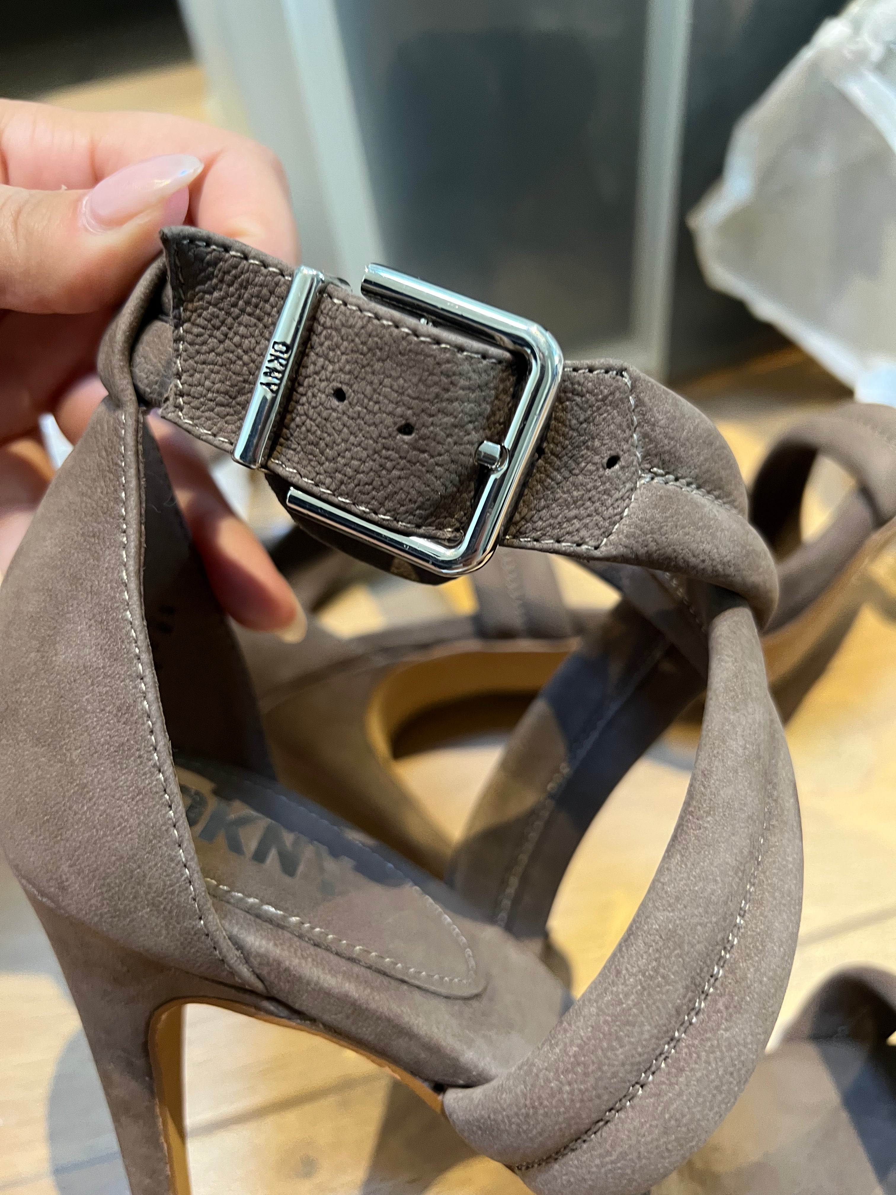 Brown DKNY Heels, buckle strap, leather upper