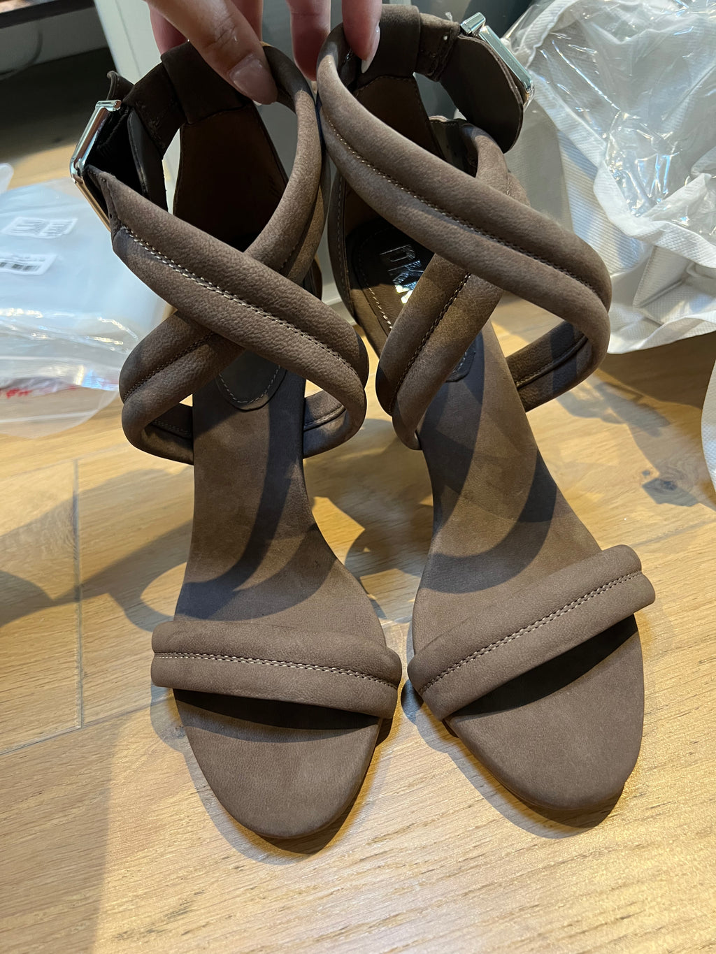 Brown DKNY Heels, buckle strap, leather upper