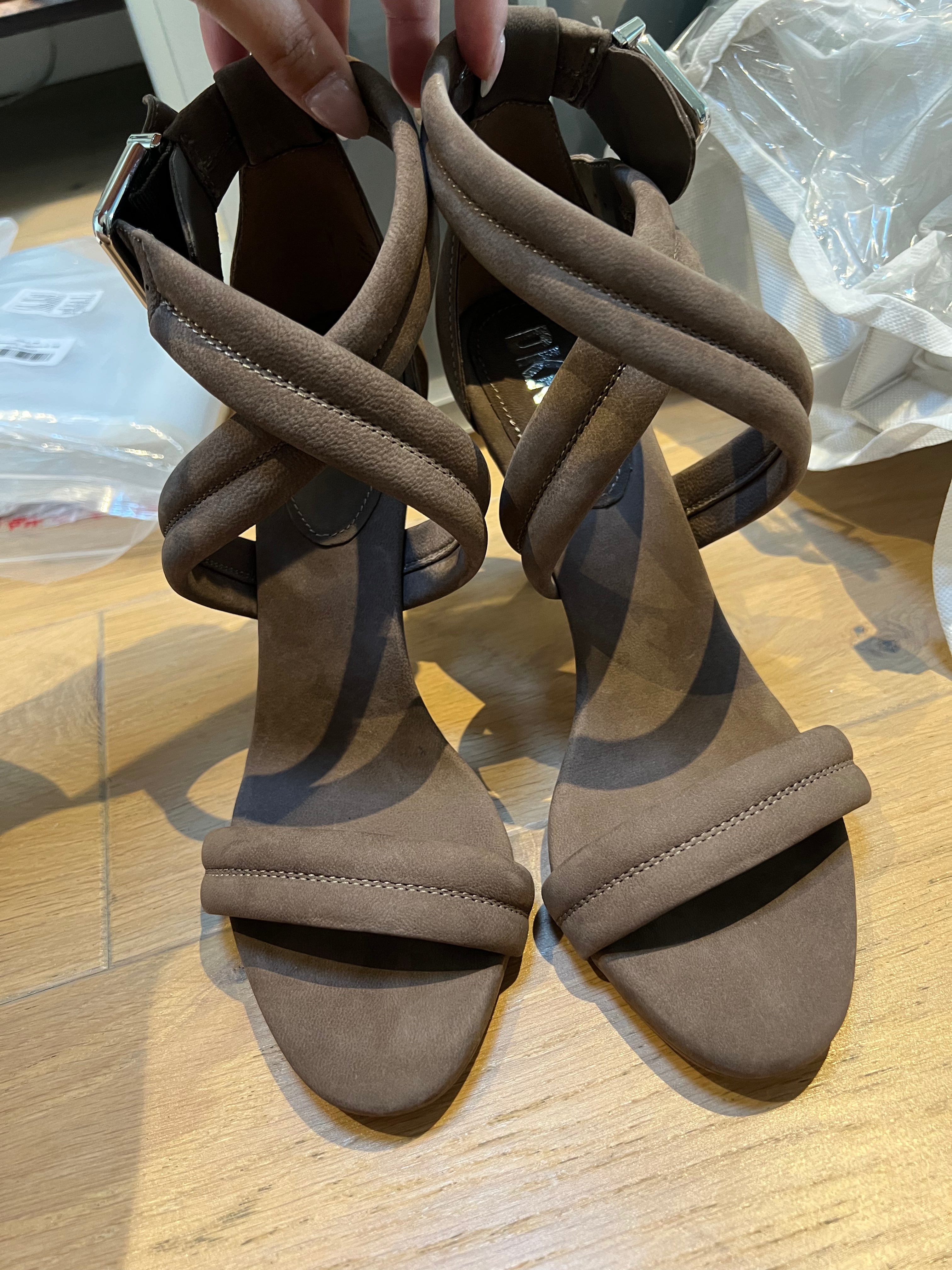 Brown DKNY Heels, buckle strap, leather upper