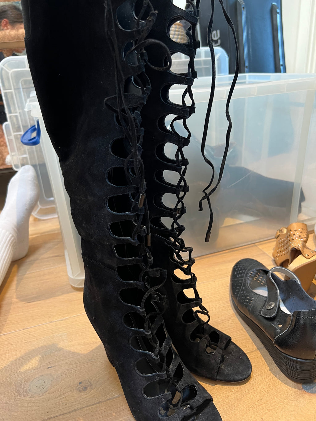 Lace up, black thigh heel boots