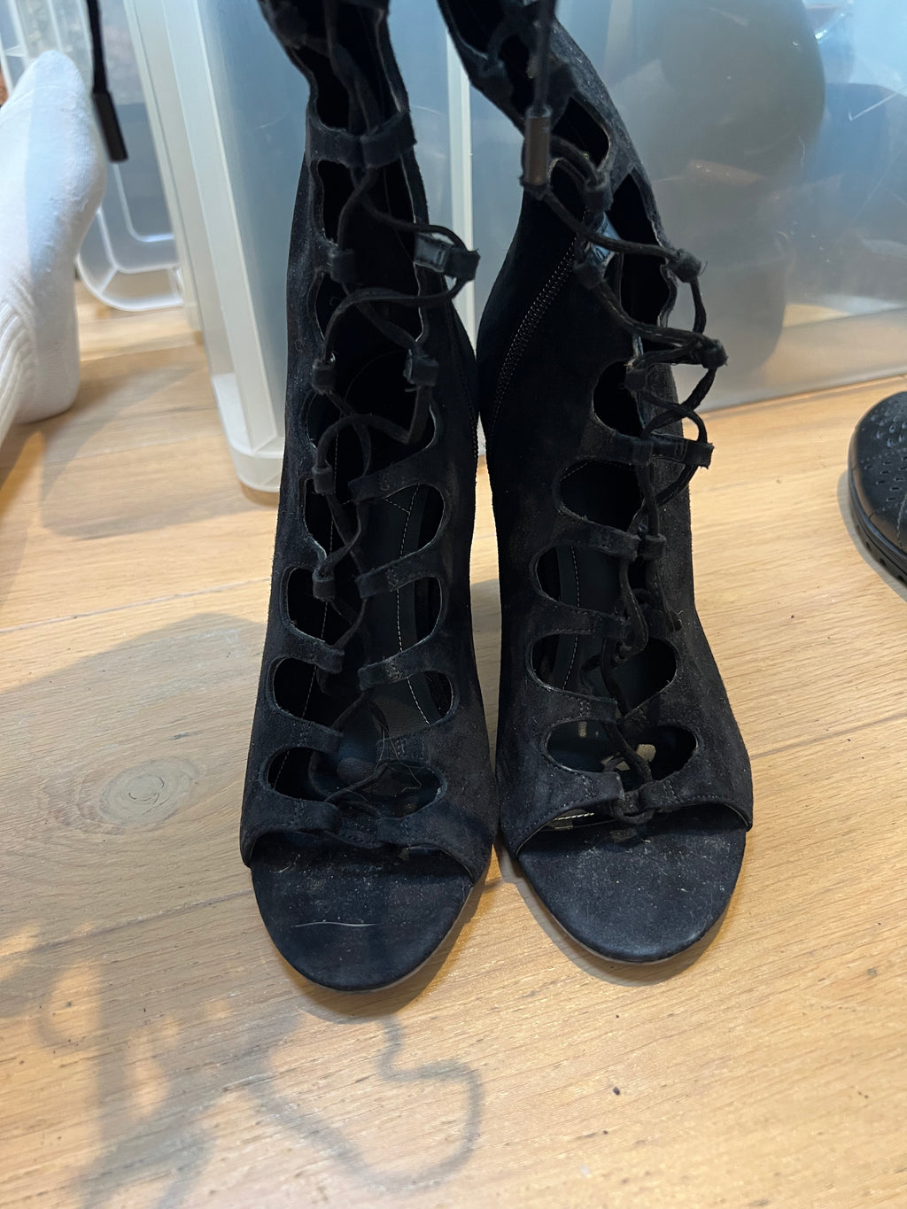 Lace up, black thigh heel boots