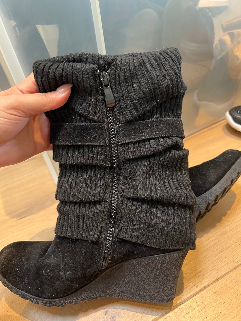 Black wedge boots, zip up, buckle design