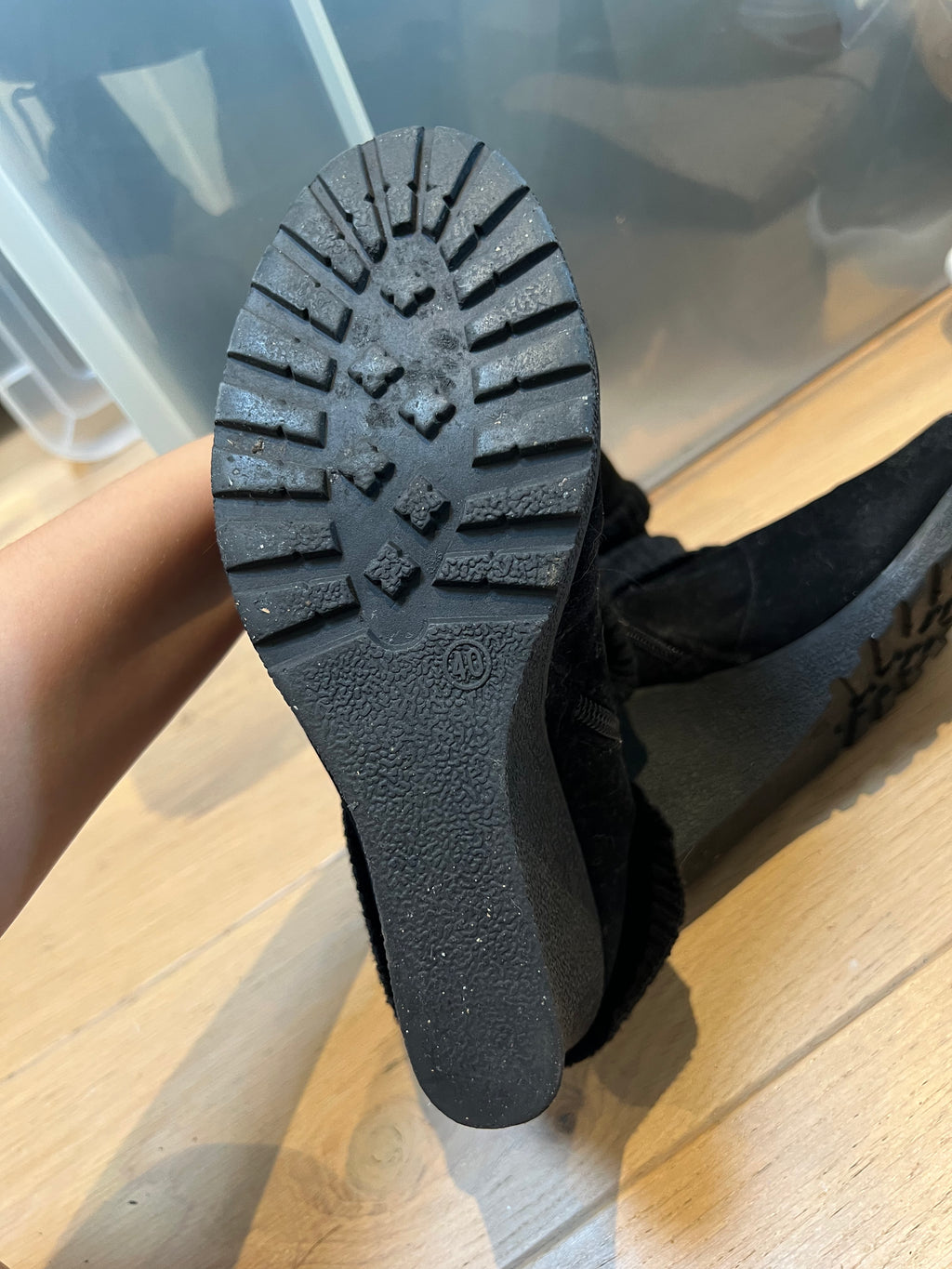 Black wedge boots, zip up, buckle design
