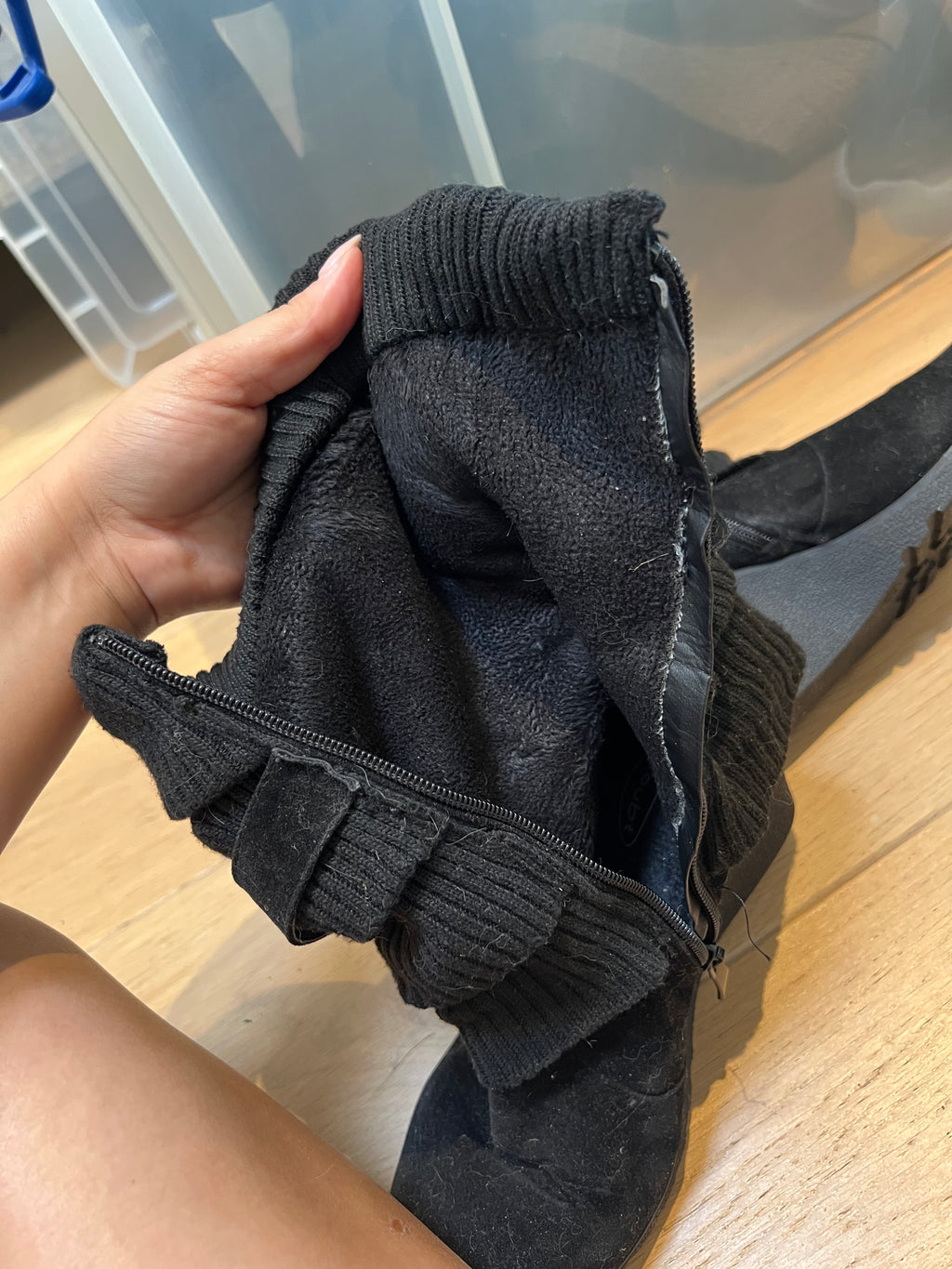 Black wedge boots, zip up, buckle design