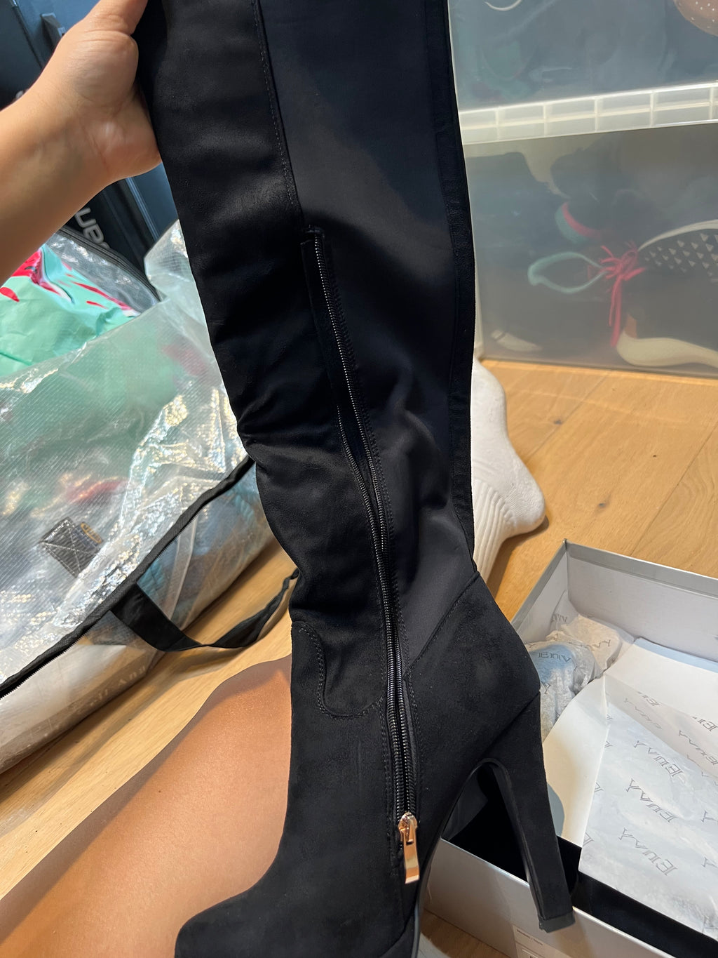 Black thigh boot heels