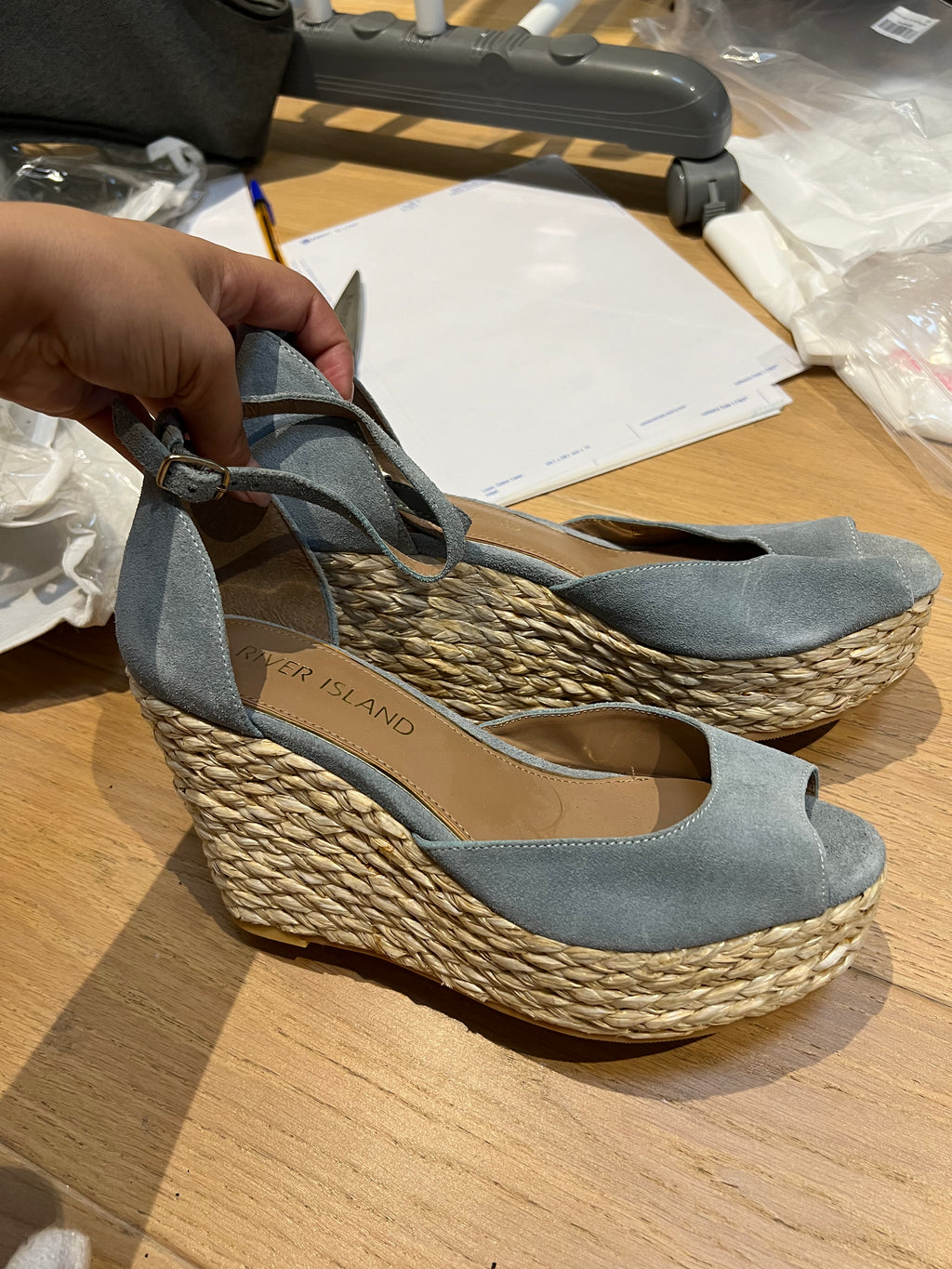 Wedge heel, woven, grey / blue, buckle strap