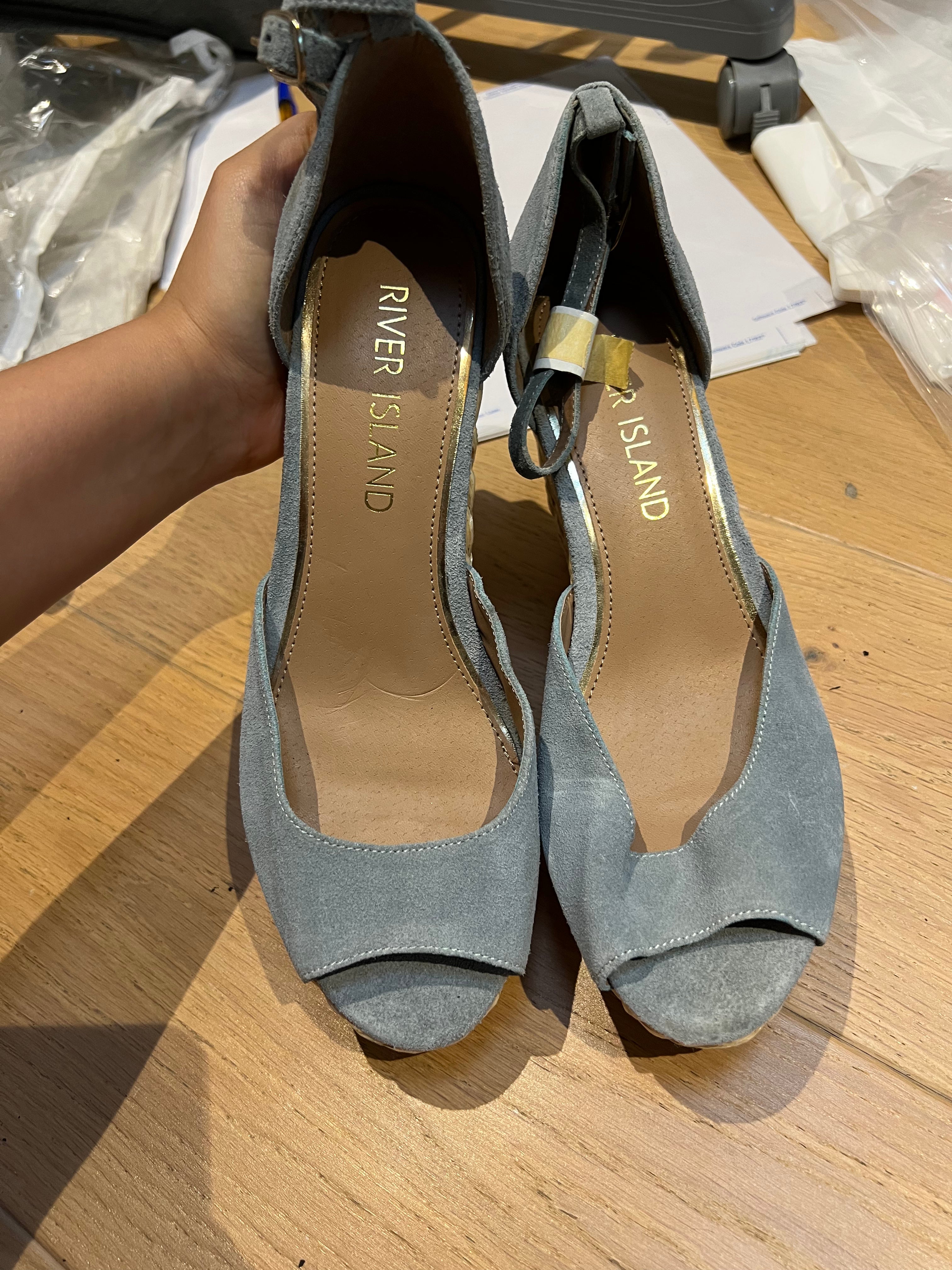 Wedge heel, woven, grey / blue, buckle strap
