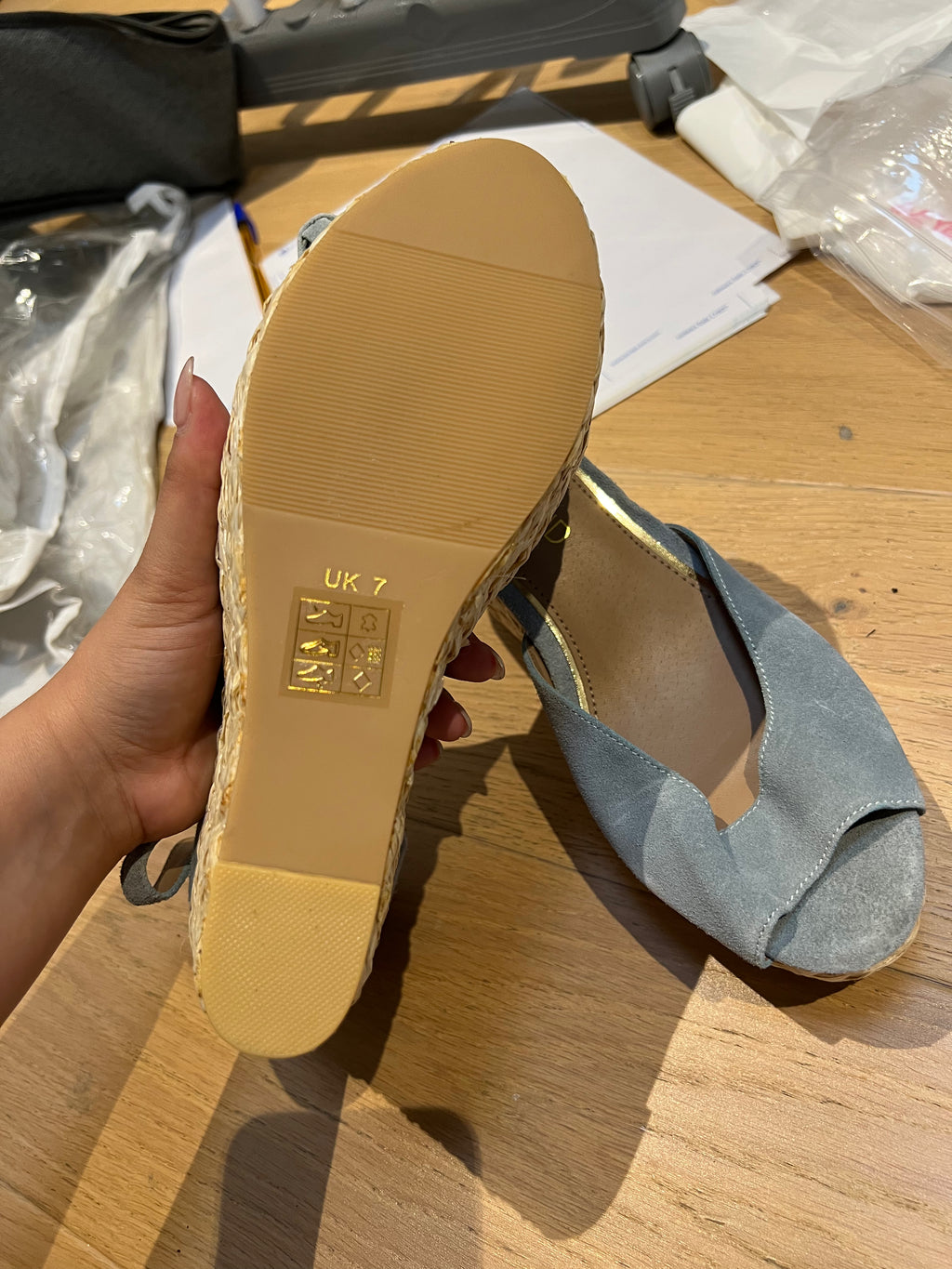 Wedge heel, woven, grey / blue, buckle strap