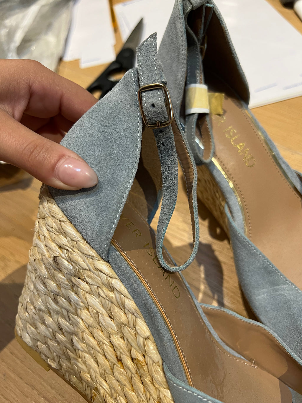 Wedge heel, woven, grey / blue, buckle strap