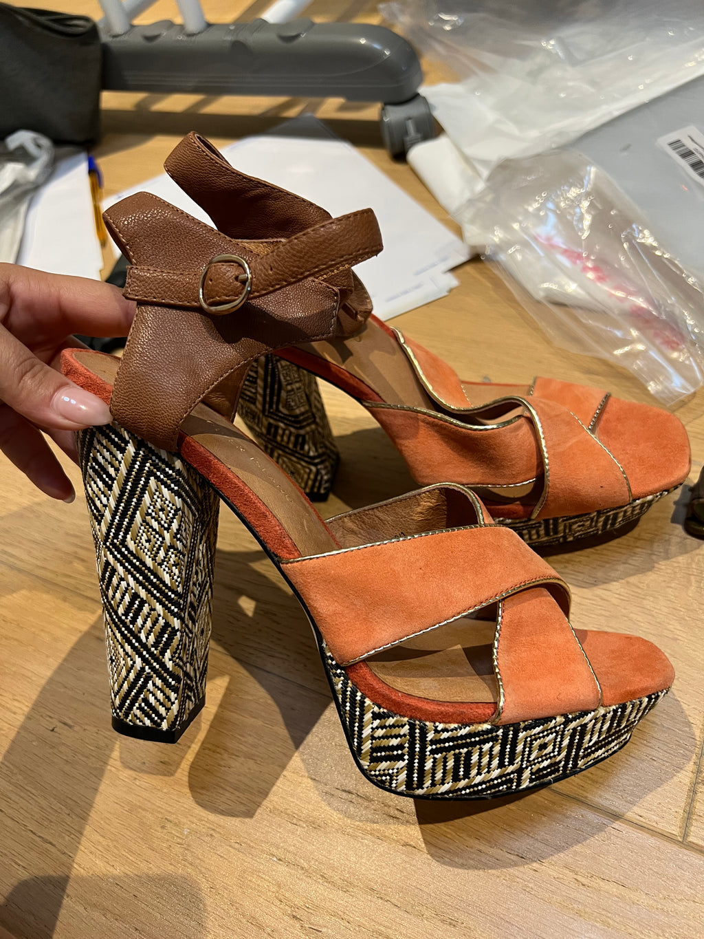 Orange Chunky Heels with Woven Pattern