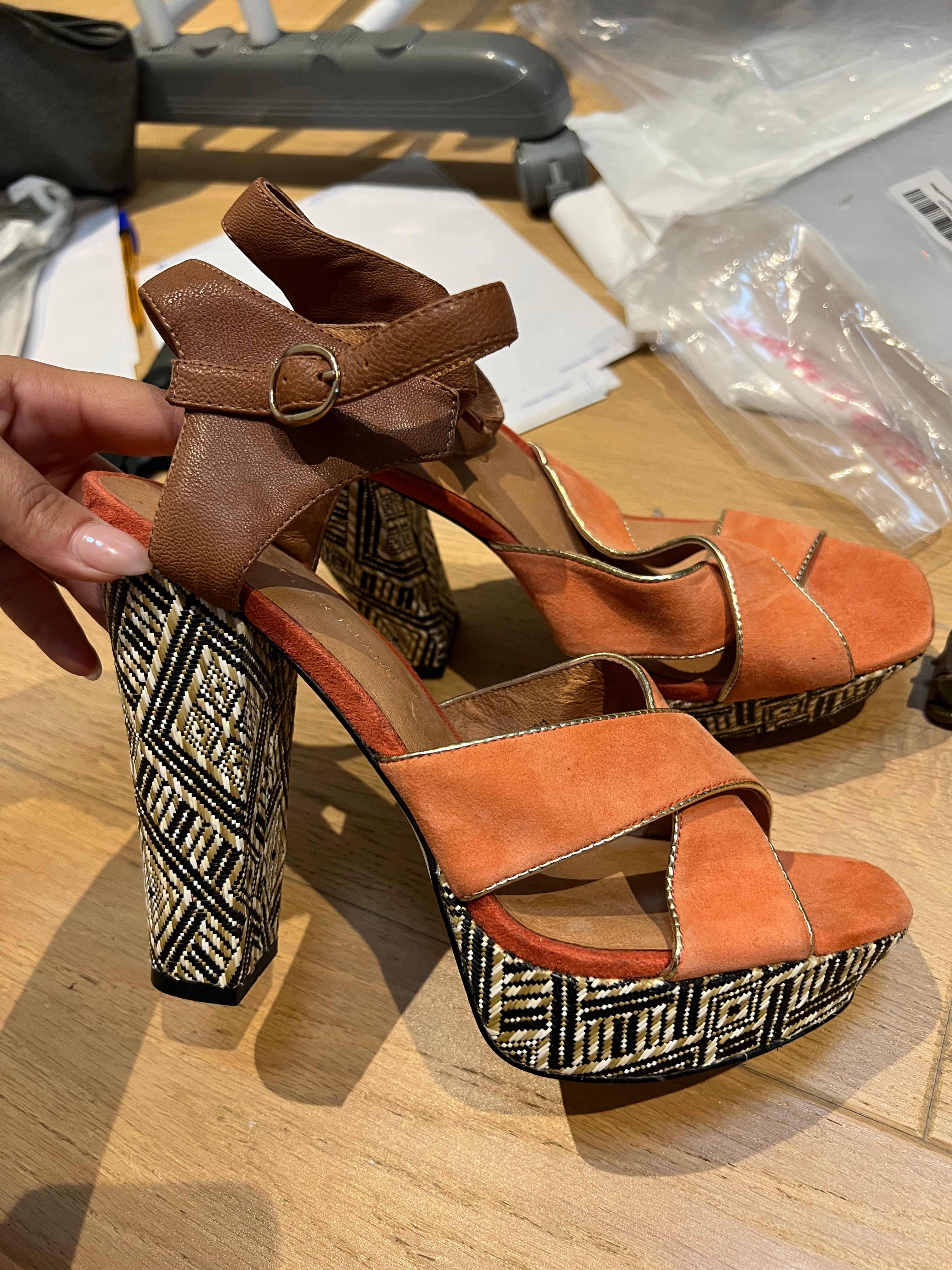 Orange Chunky Heels with Woven Pattern