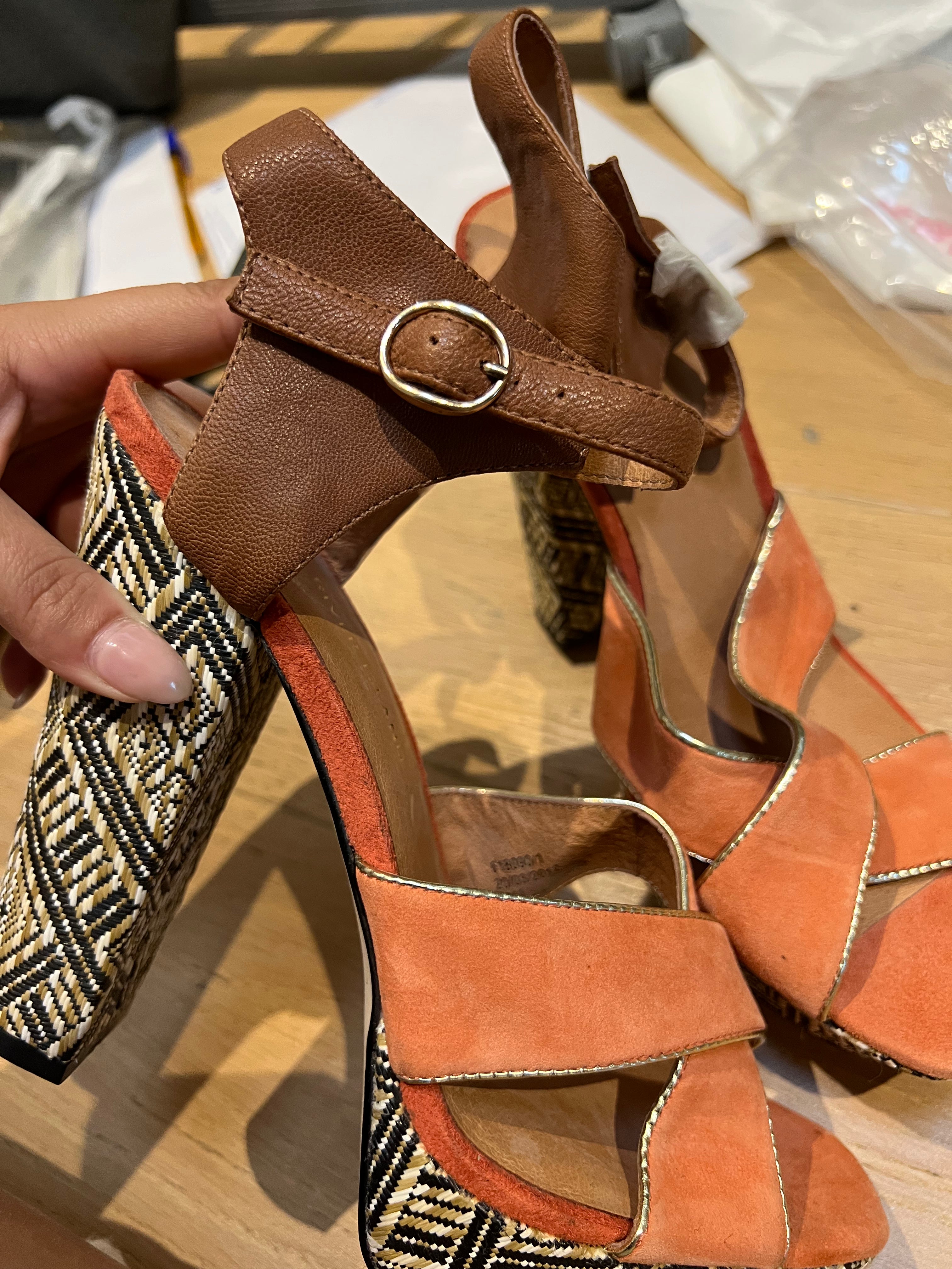 Orange Chunky Heels with Woven Pattern