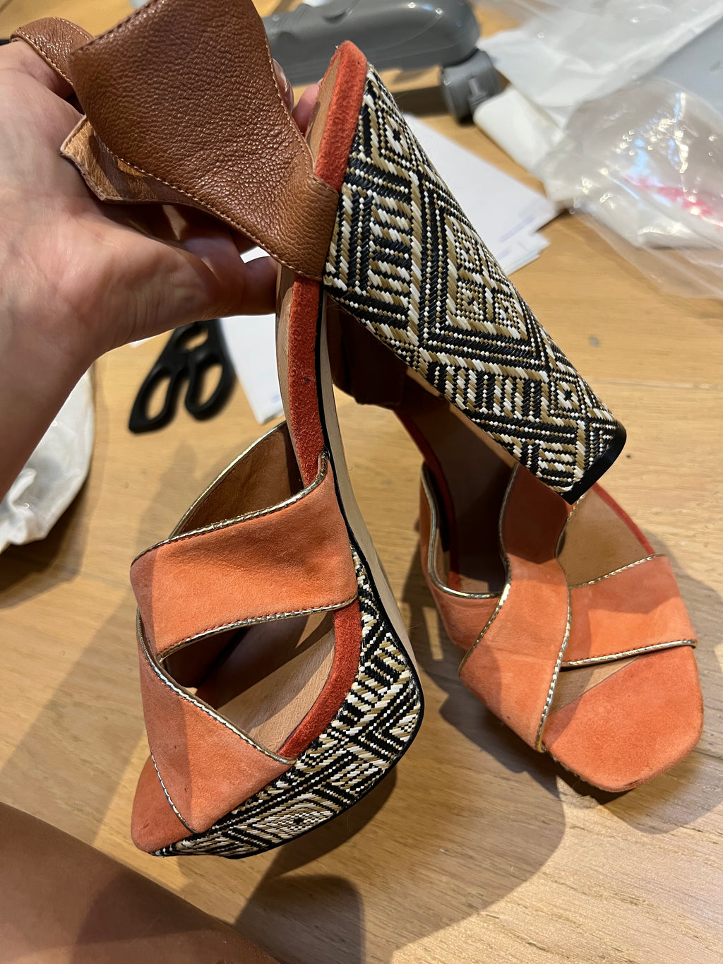 Orange Chunky Heels with Woven Pattern