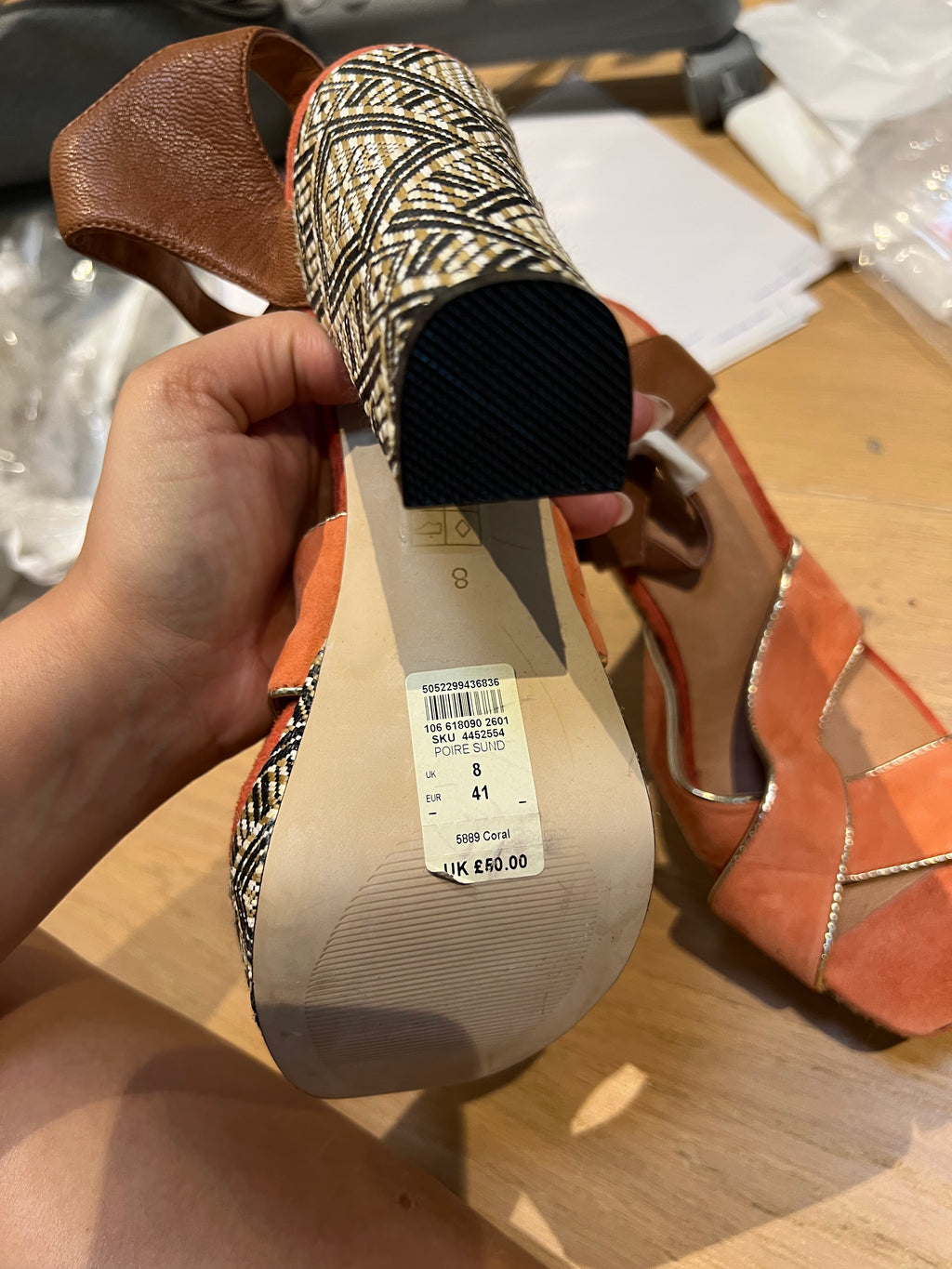 Orange Chunky Heels with Woven Pattern