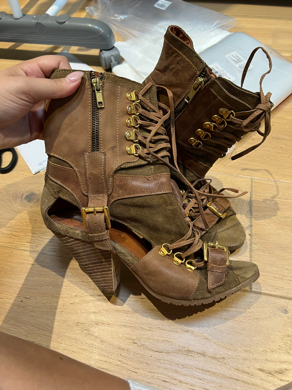 Lace up, wooden triangle brown heels