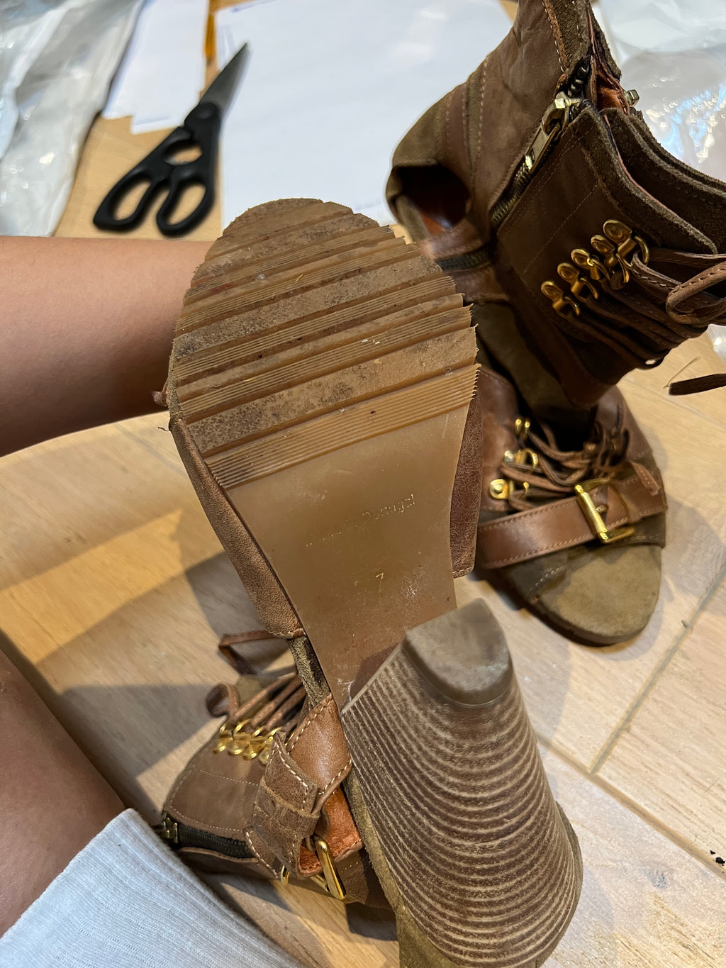 Lace up, wooden triangle brown heels
