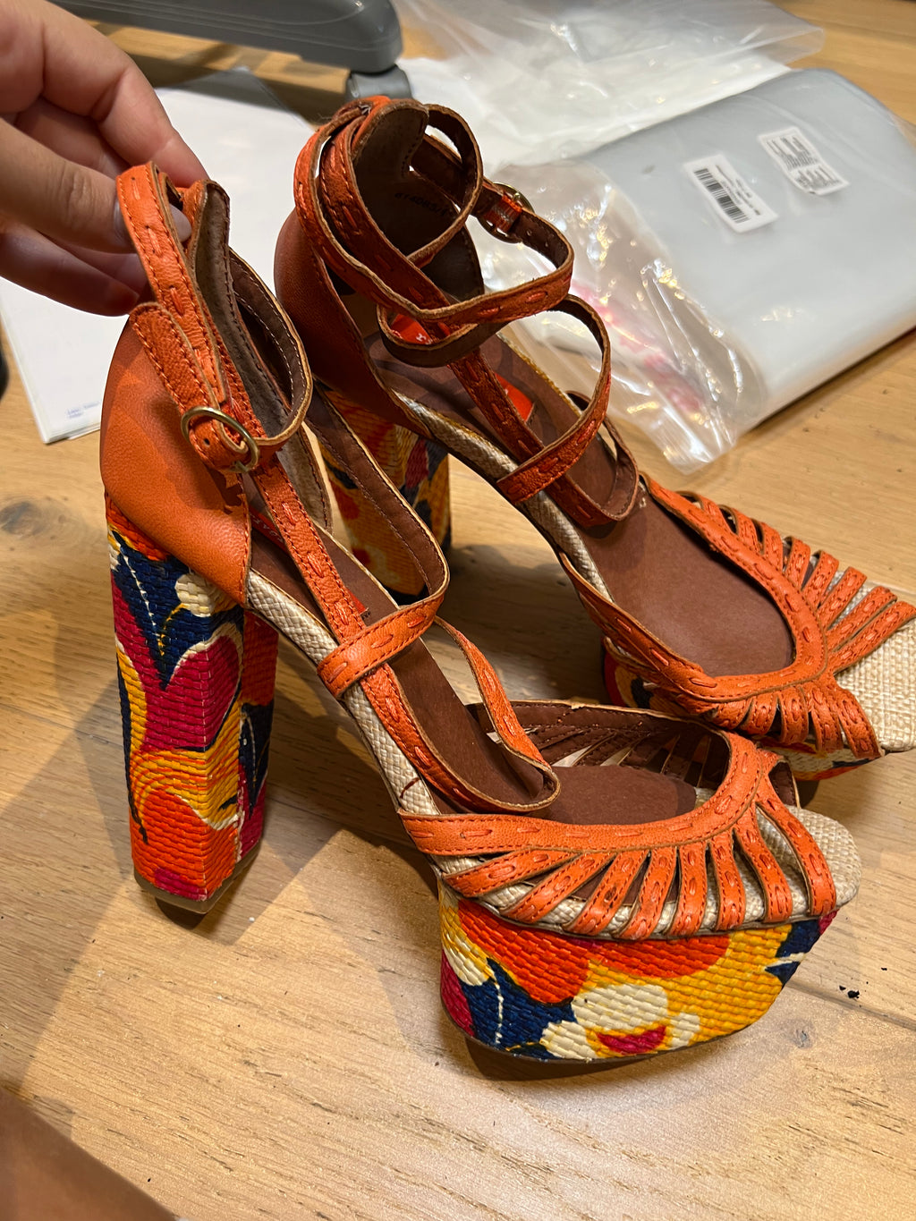 Orange woven block heel