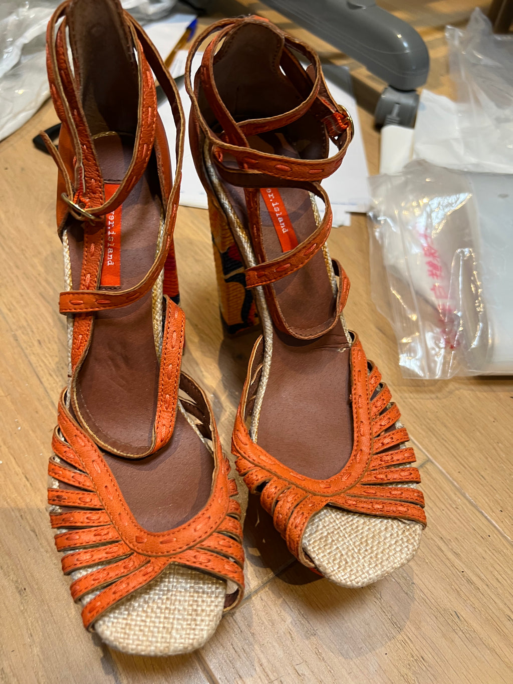 Orange woven block heel