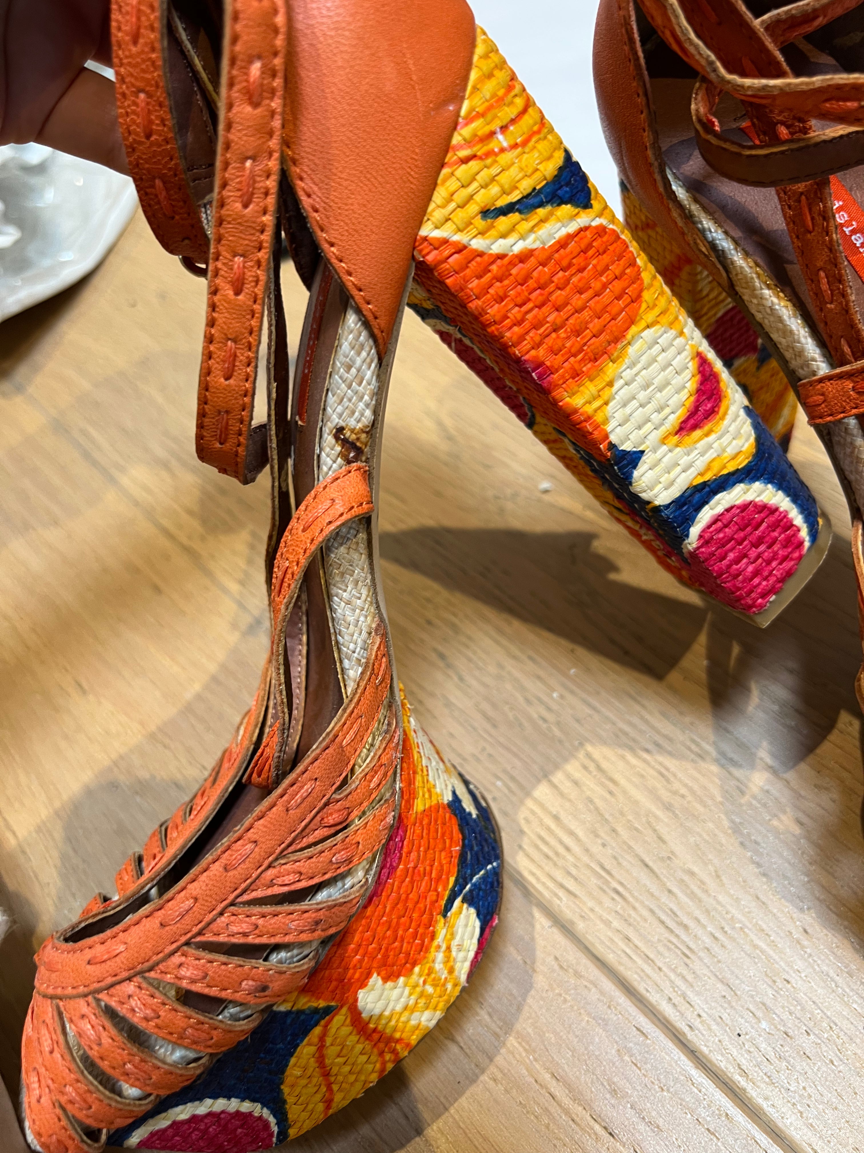 Orange woven block heel