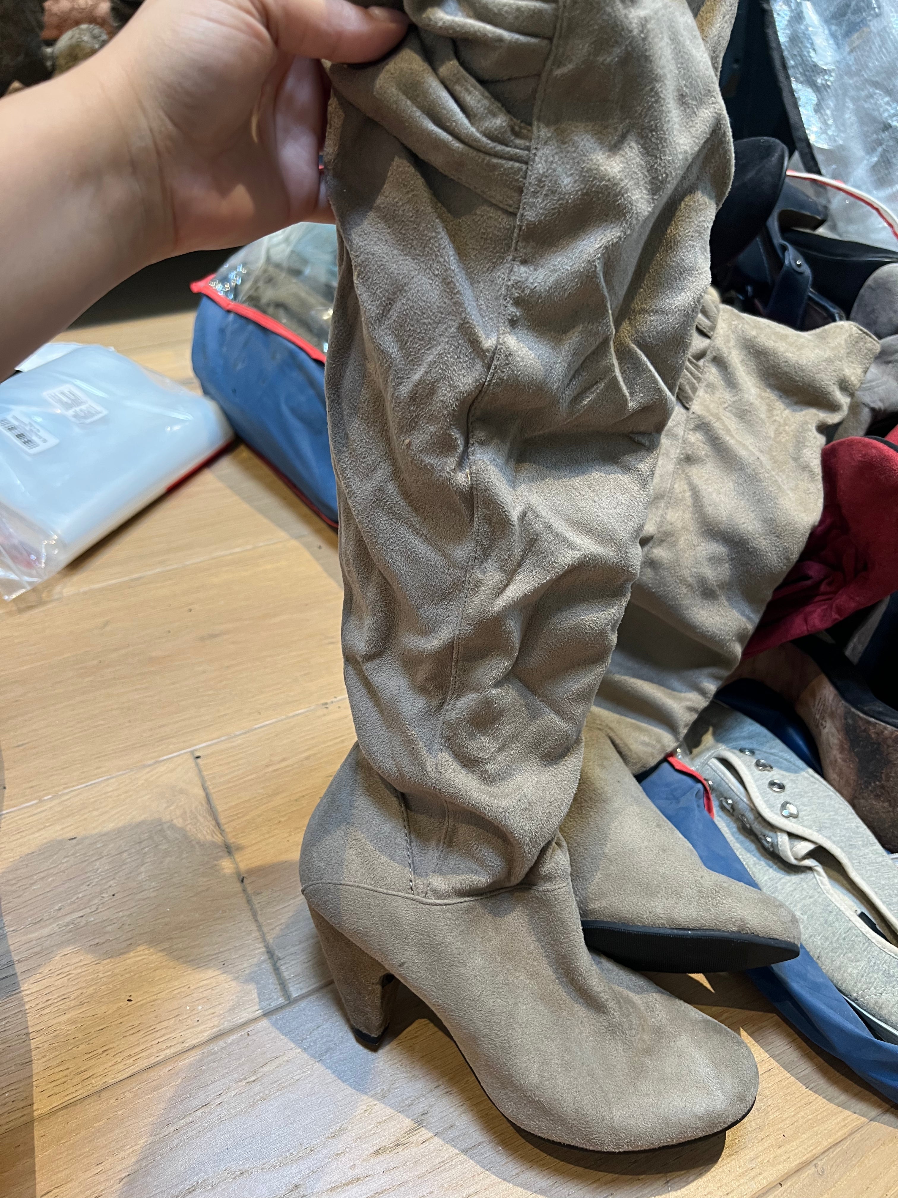 Beige Knee High Boots / Triangle heel