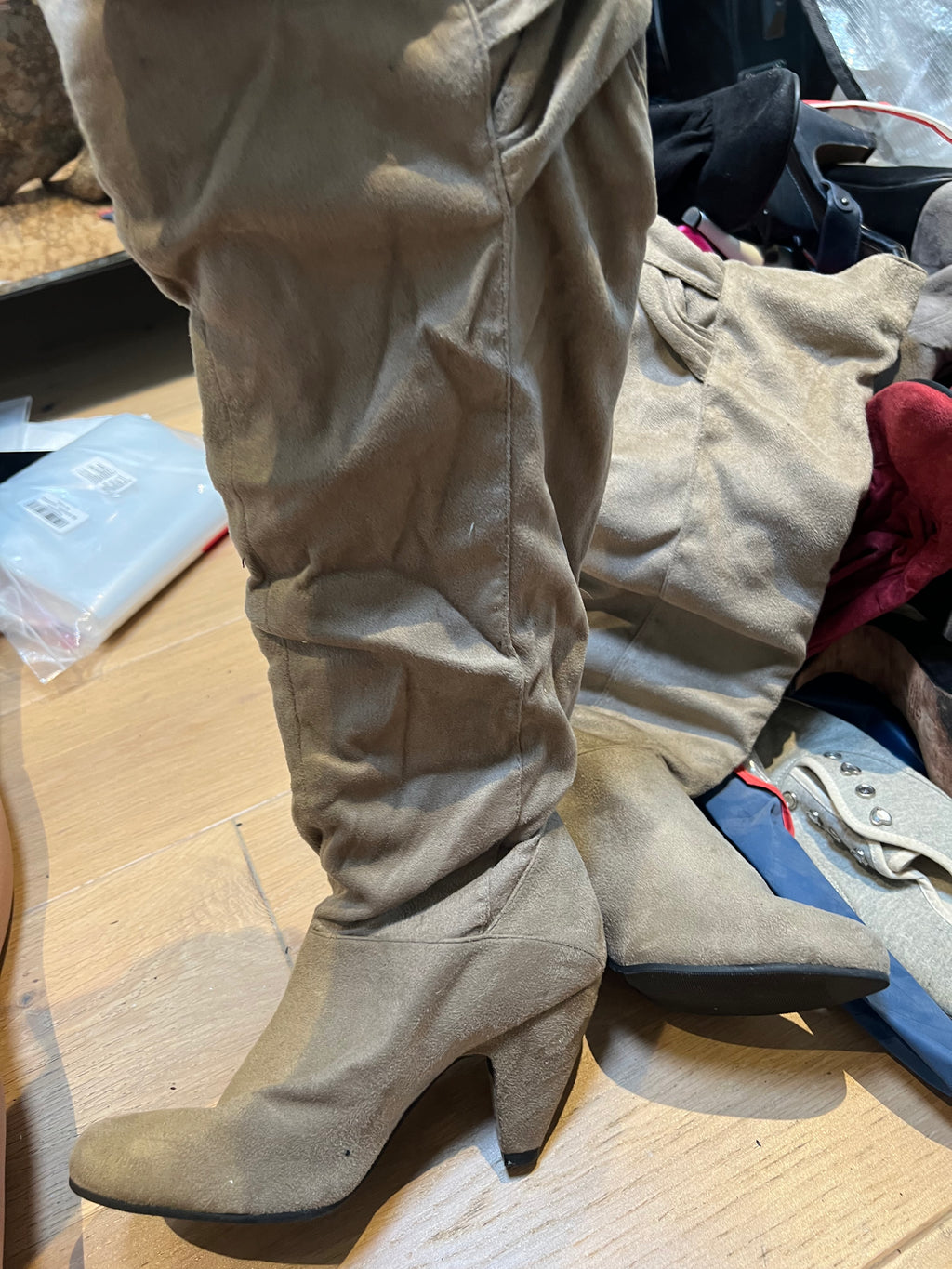 Beige Knee High Boots / Triangle heel