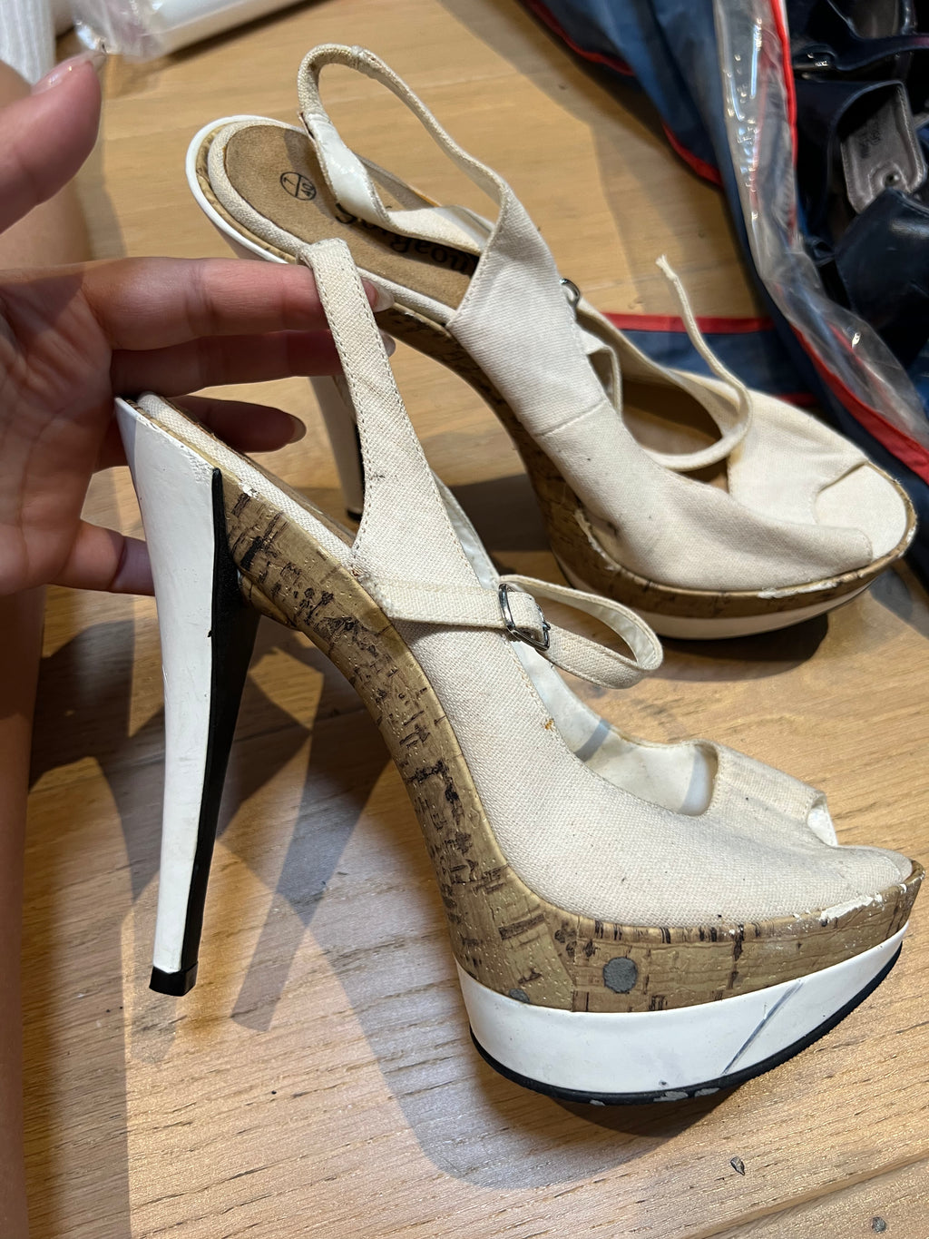 Cork/White open toe heels