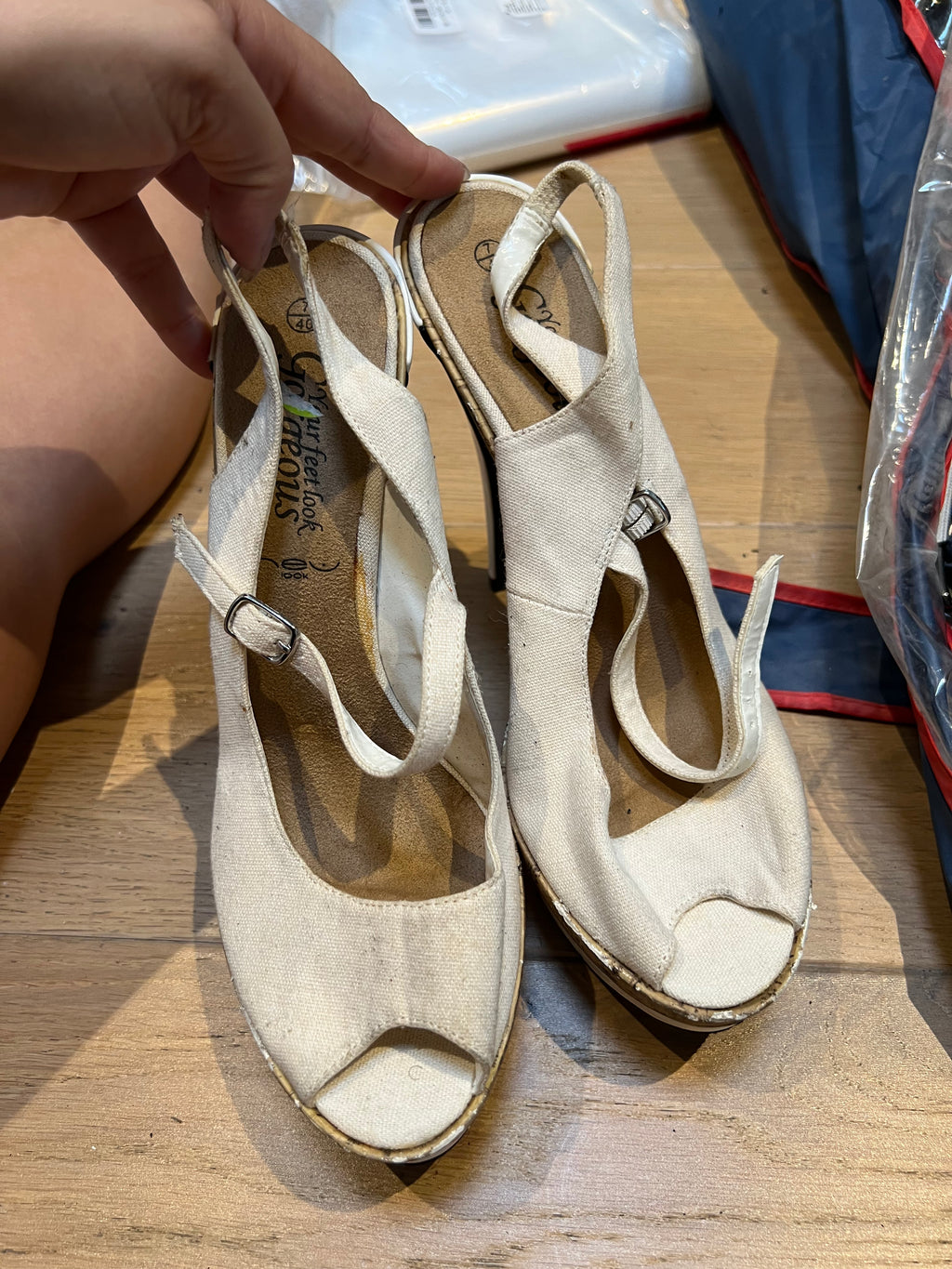Cork/White open toe heels