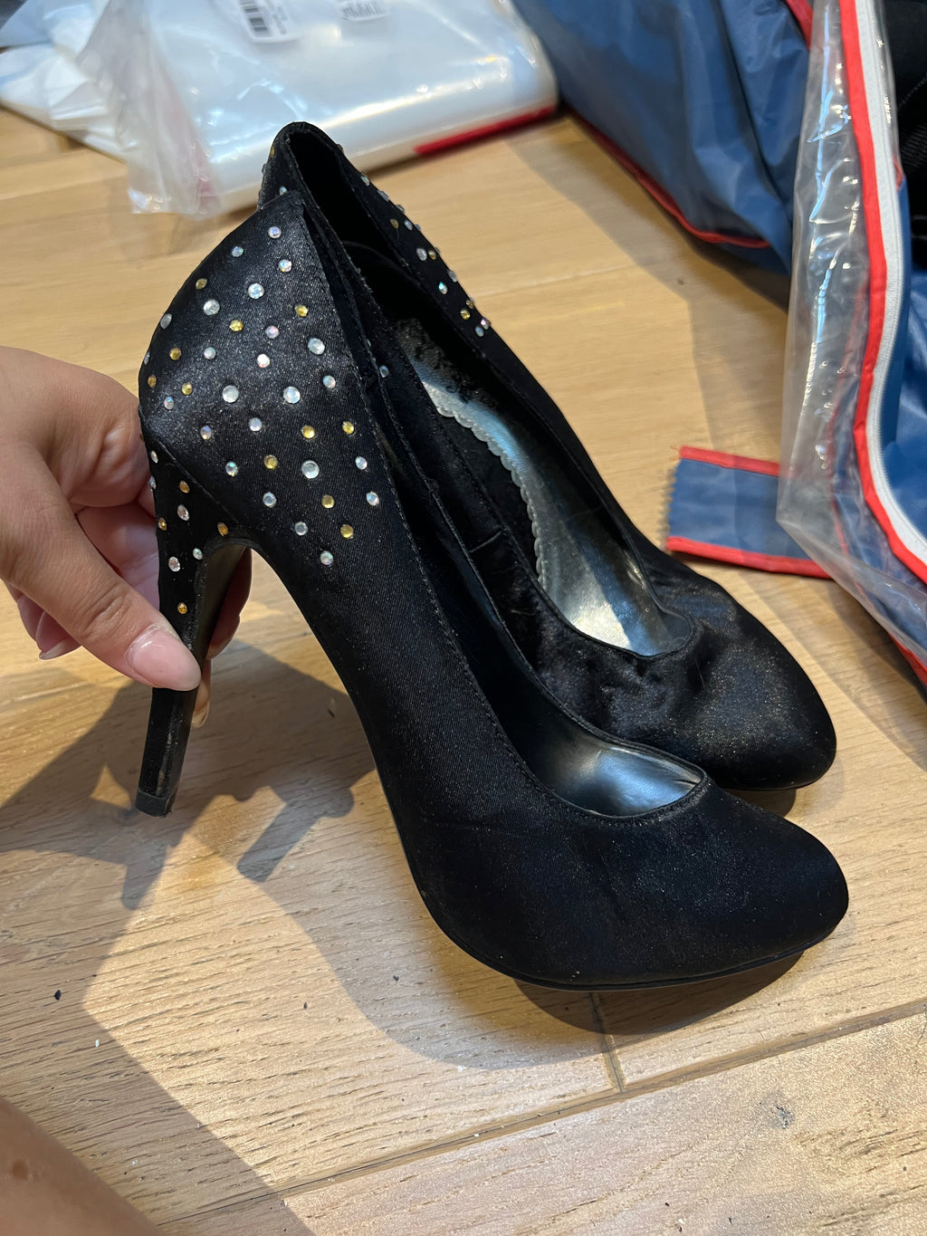 Black, heel, gold + silver diamante