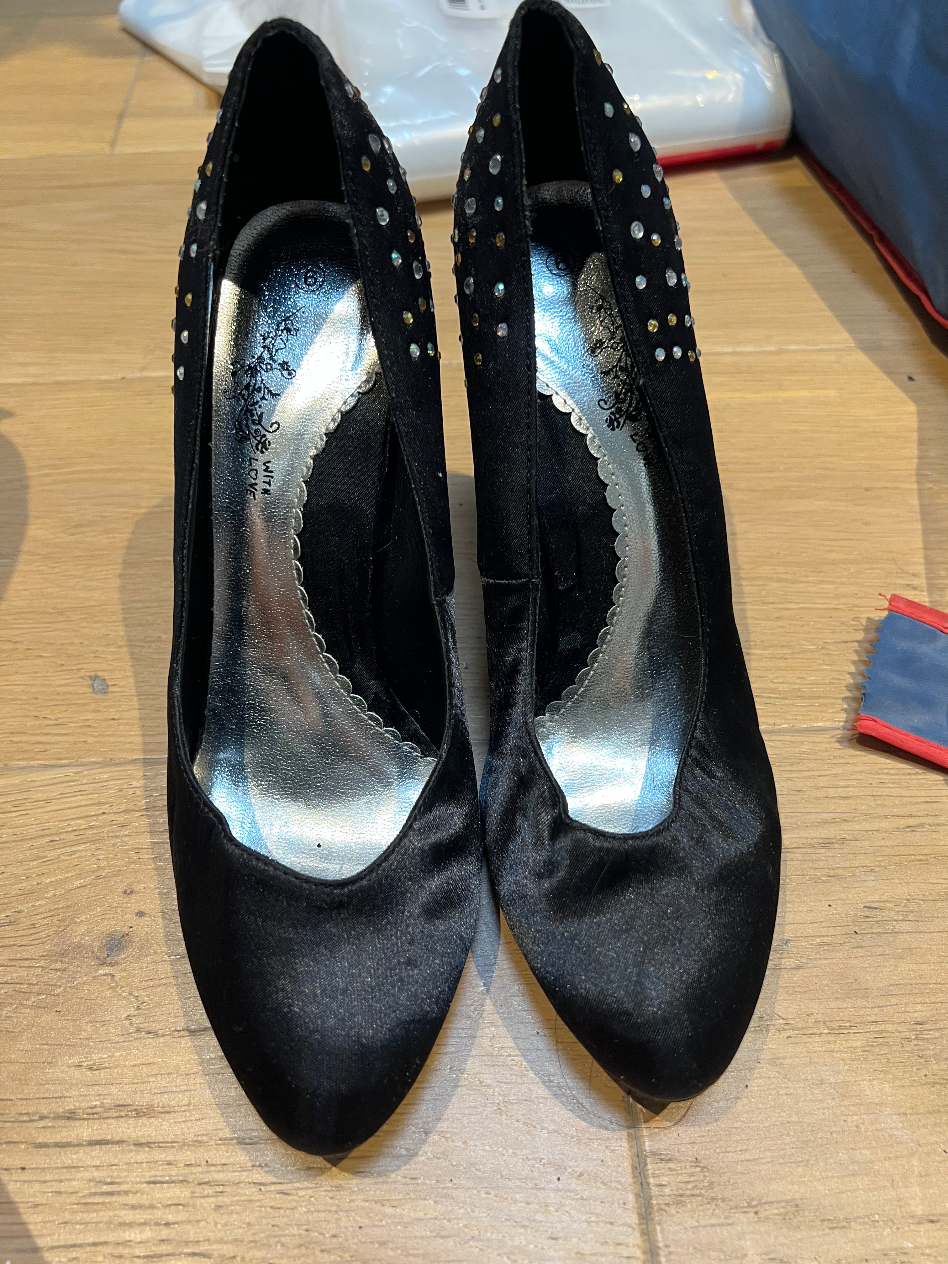 Black, heel, gold + silver diamante