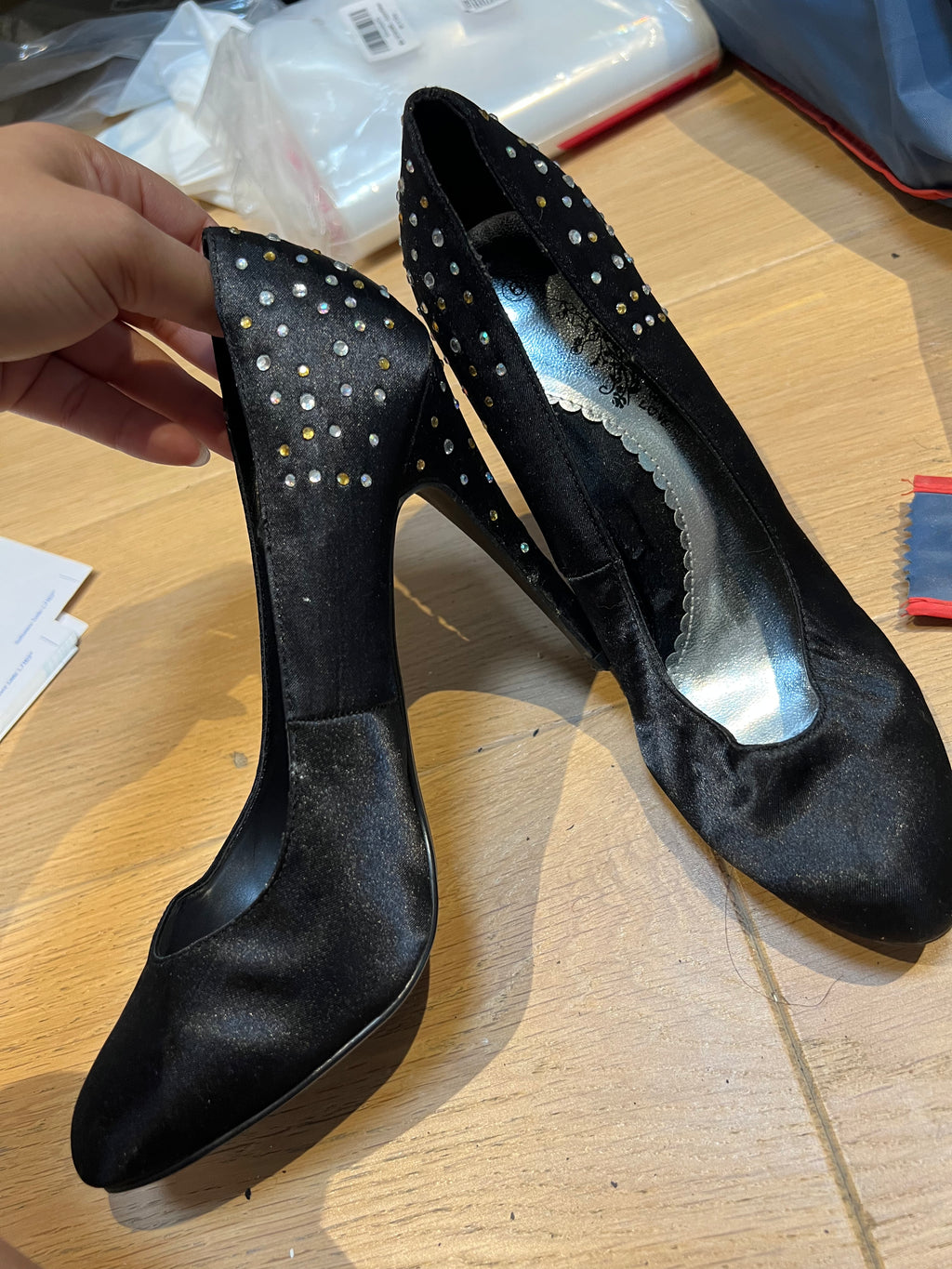 Black, heel, gold + silver diamante