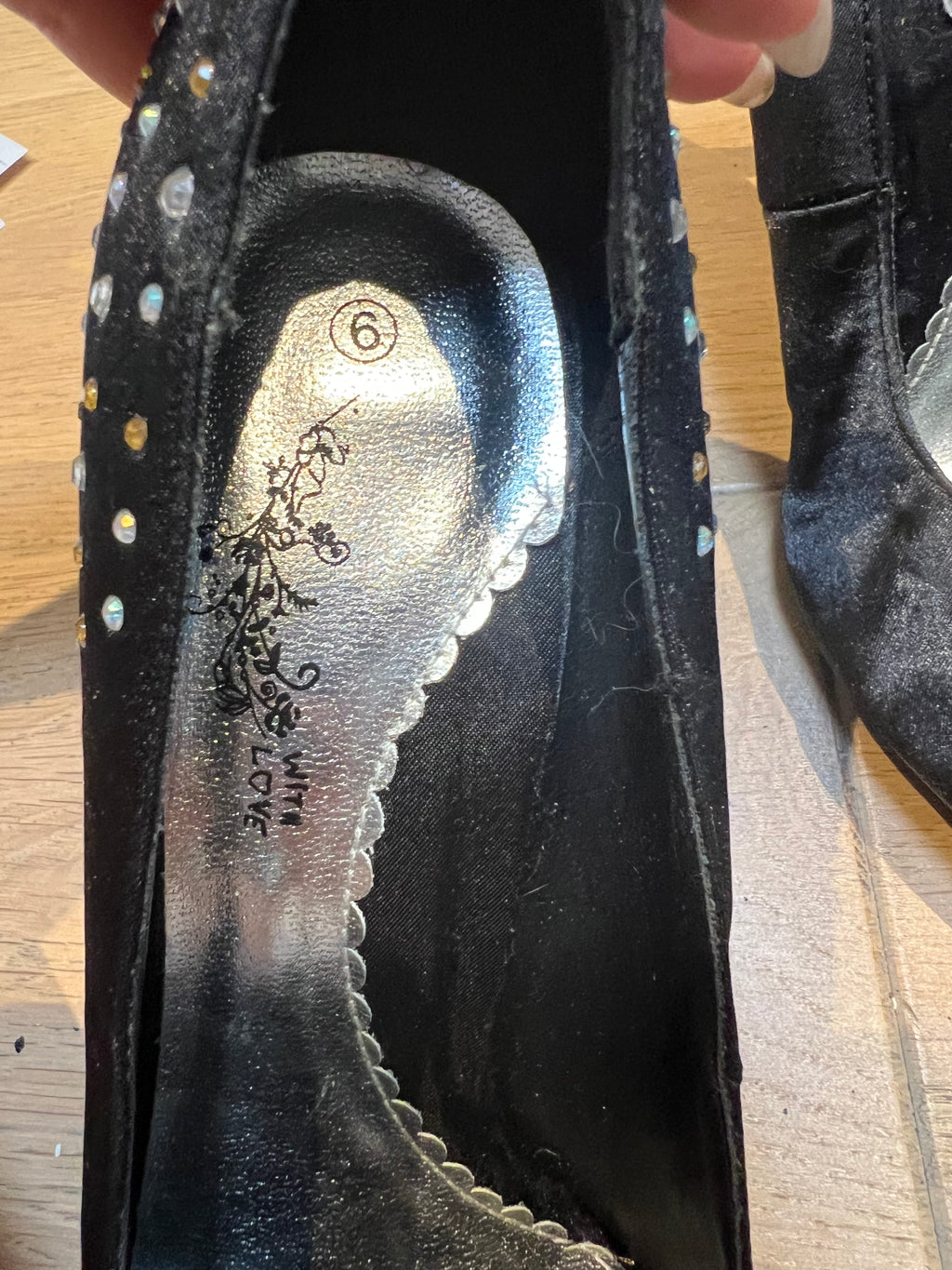 Black, heel, gold + silver diamante