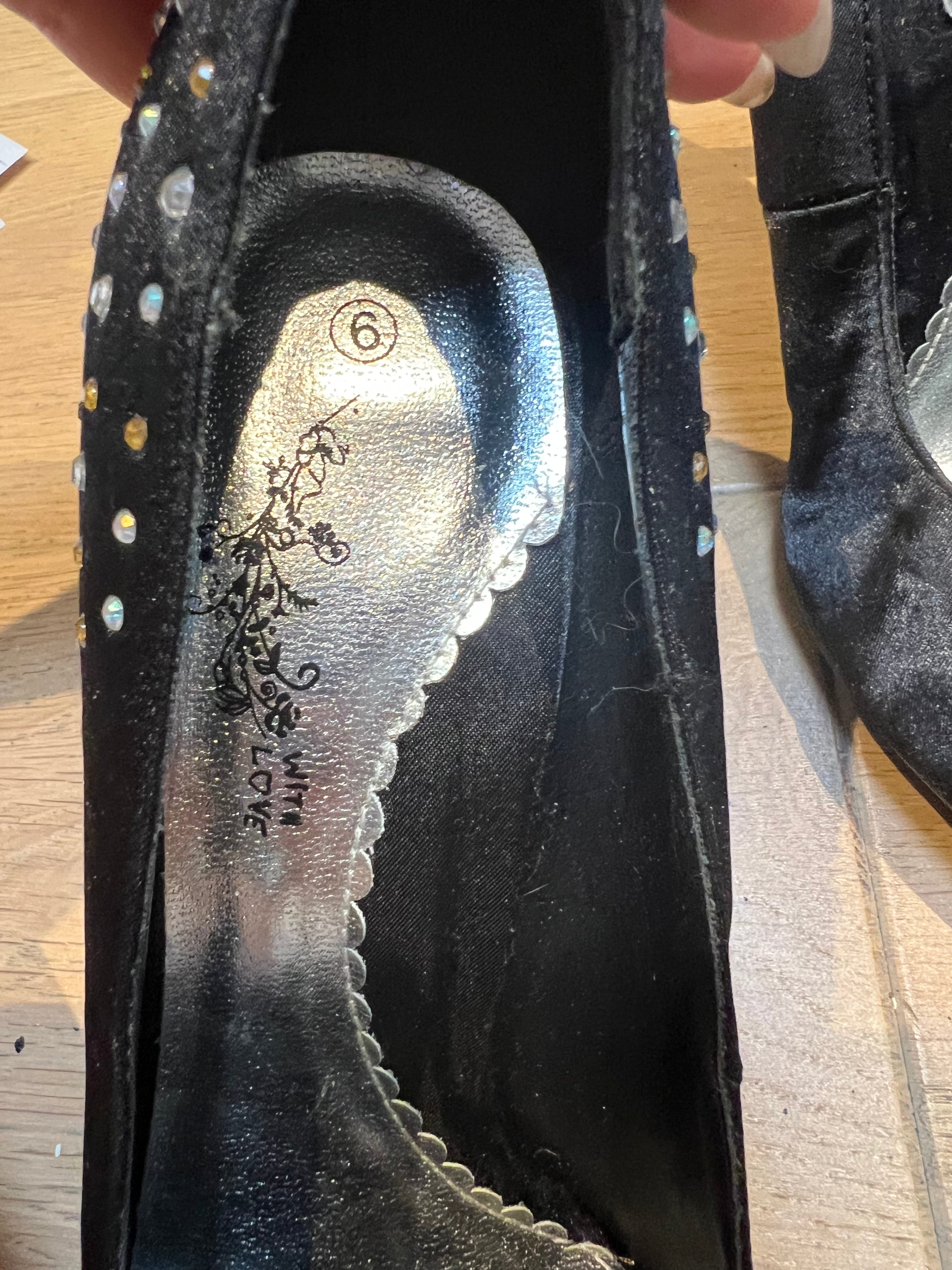 Black, heel, gold + silver diamante
