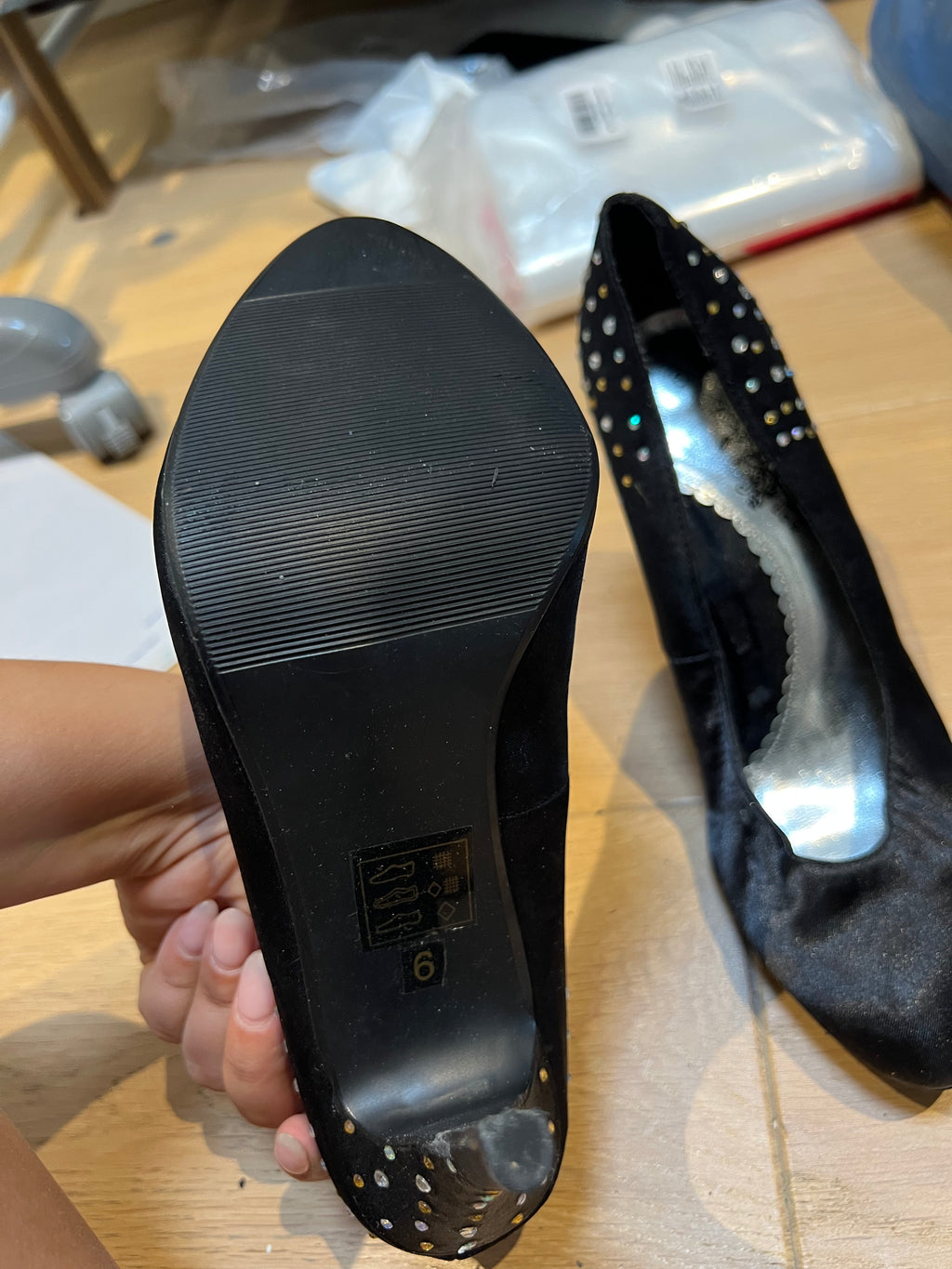 Black, heel, gold + silver diamante