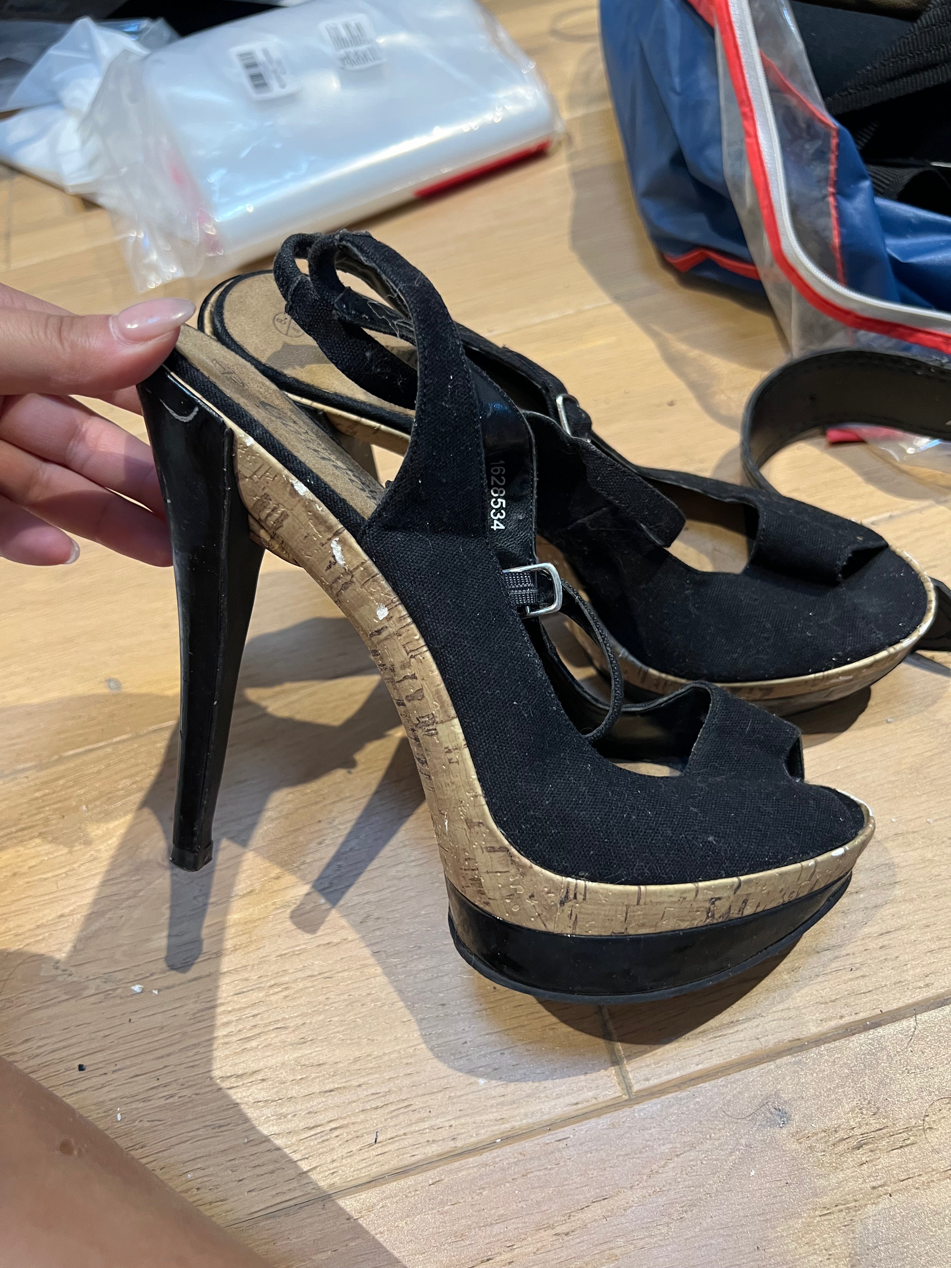 Cork/black heels