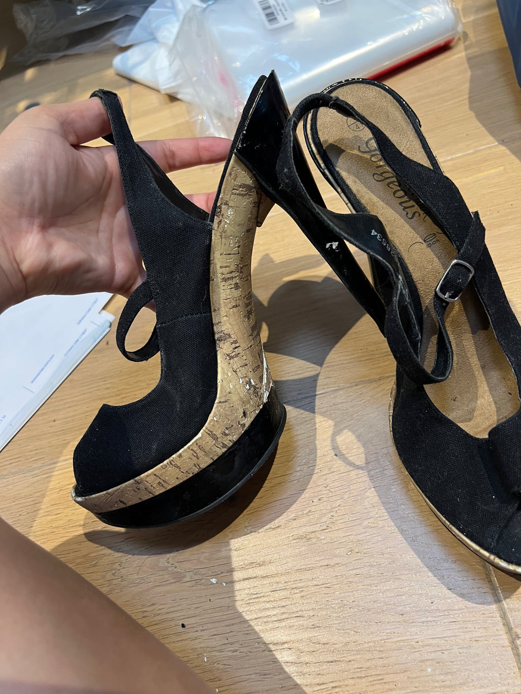 Cork/black heels