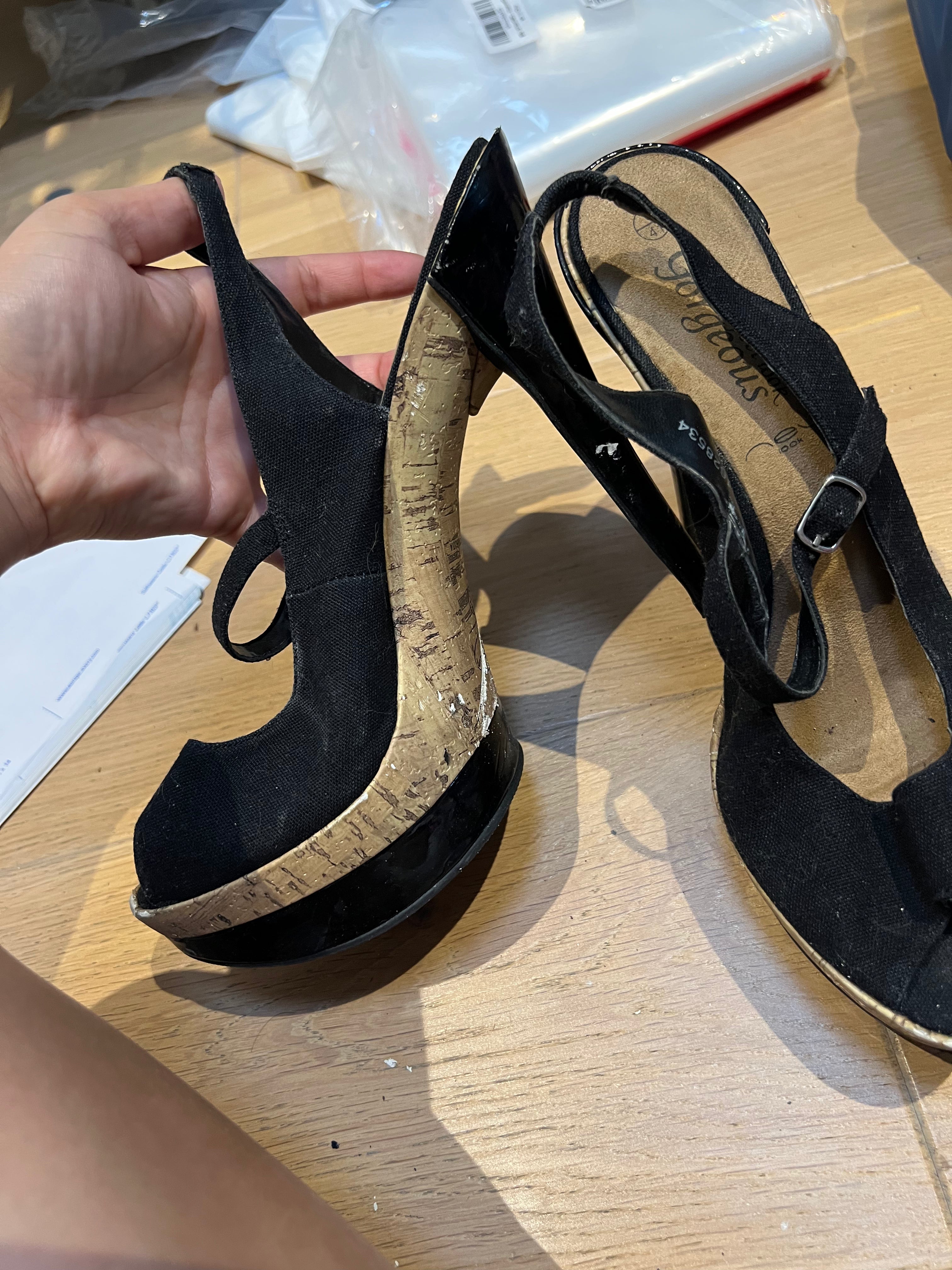 Cork/black heels