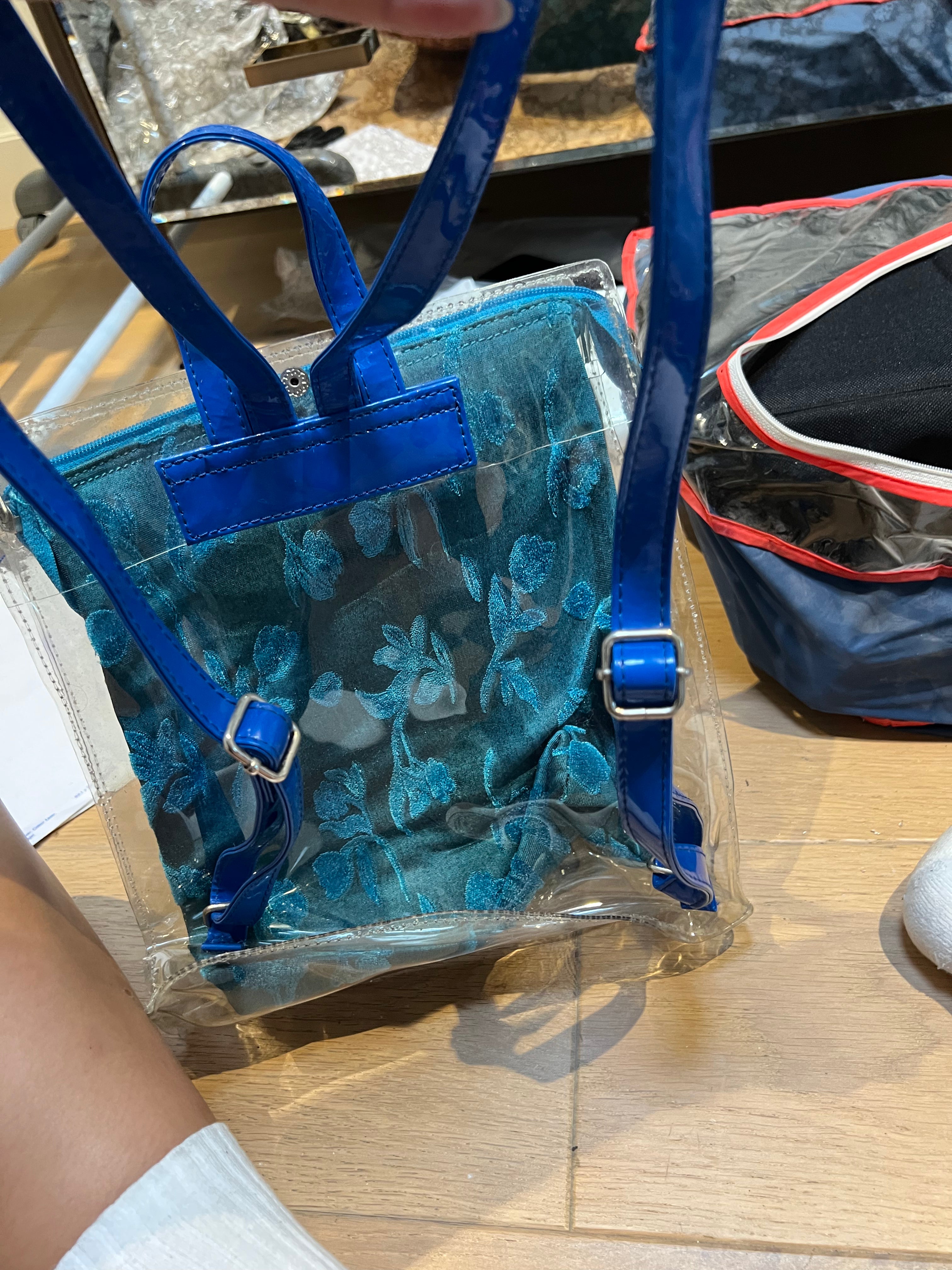 Teal blue velvet style fabric small backpack