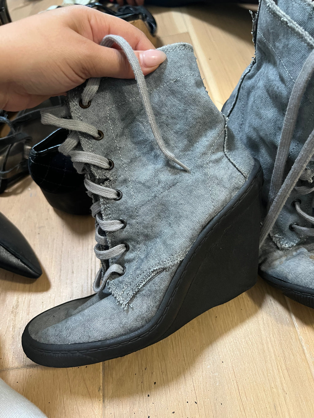 Tie die denim rubber wedge heels